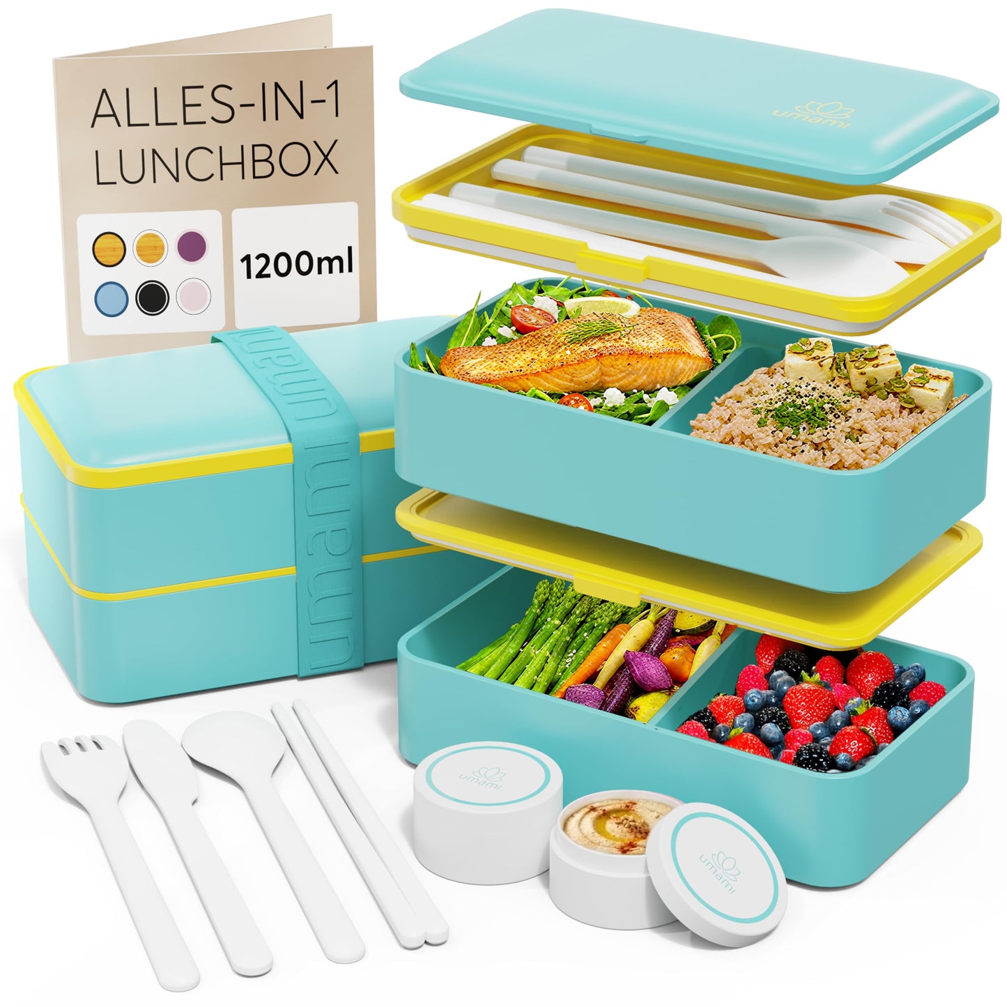 All-in-1 Bento Lunchbox mit Besteck und Saucenbehältern, Frisches Türkis M - 1200 ml