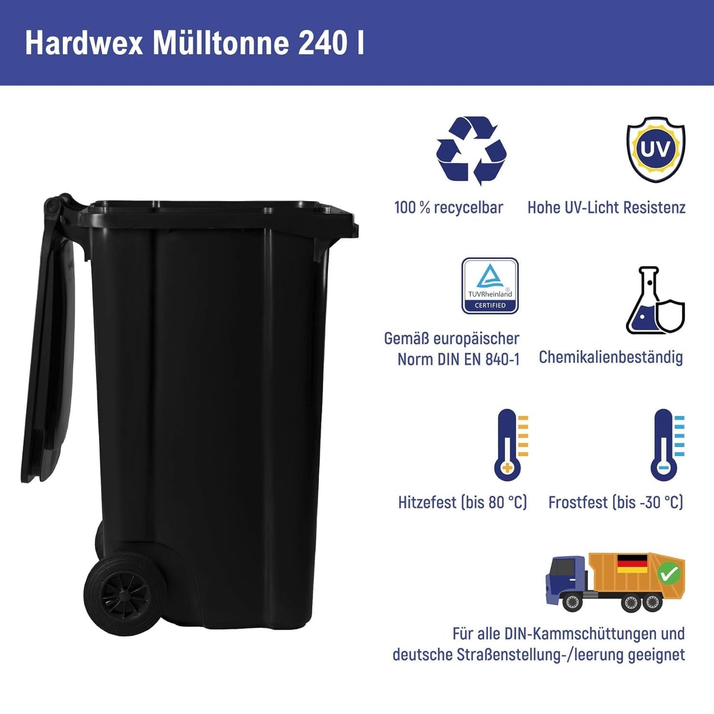 Mülltonne mit Rädern, 240 Liter, 240 Liter Grau/Blau