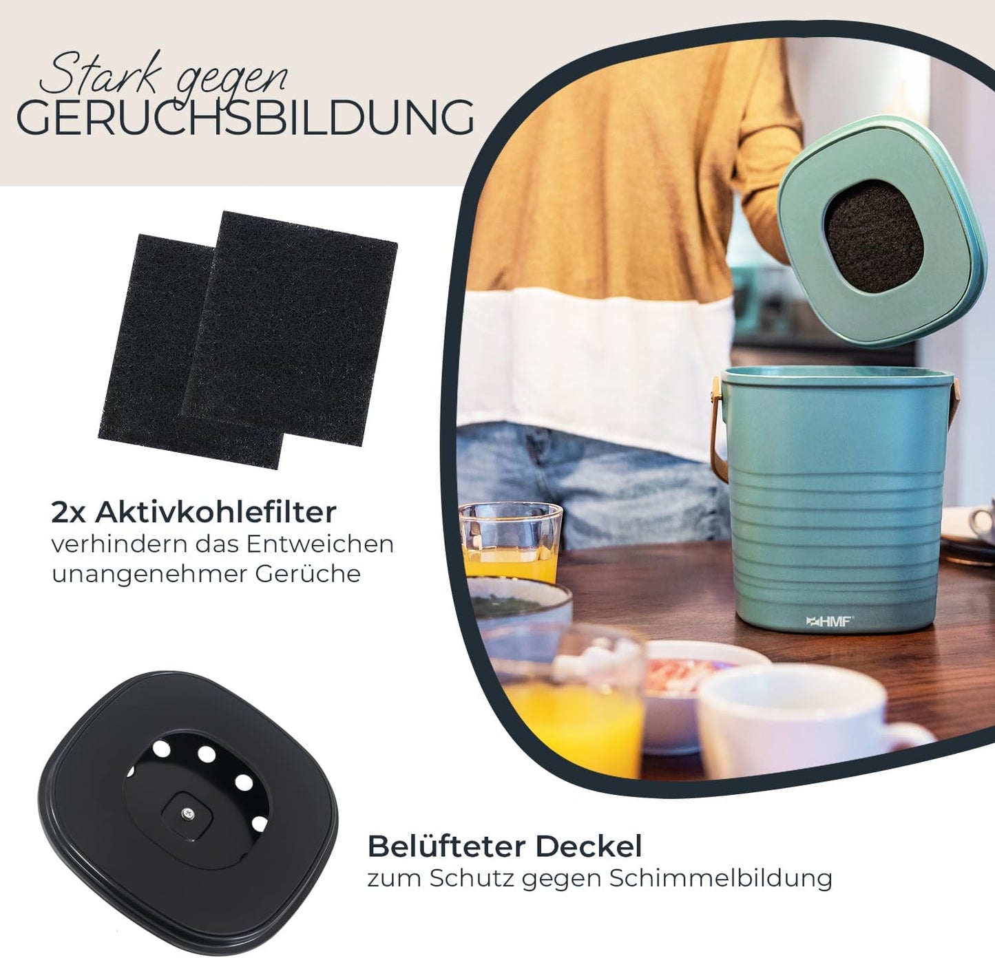 Geruchsdichter Biomülleimer mit Deckel, Schwarz 3 L
