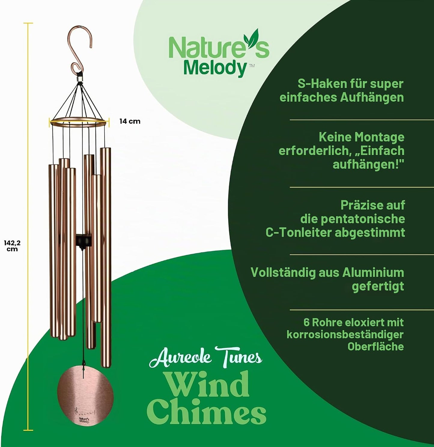 Aureole Tunes Windspiel mit 6 Röhren abgestimmt auf C Pentatonic Skala, 56 Inches Roségold