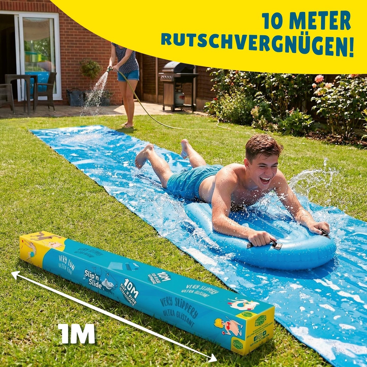 XXL-Wasserrutschmatte mit Bodyboards, 10m, 1 Slip'n Slide Blau + 2 Bodyboards