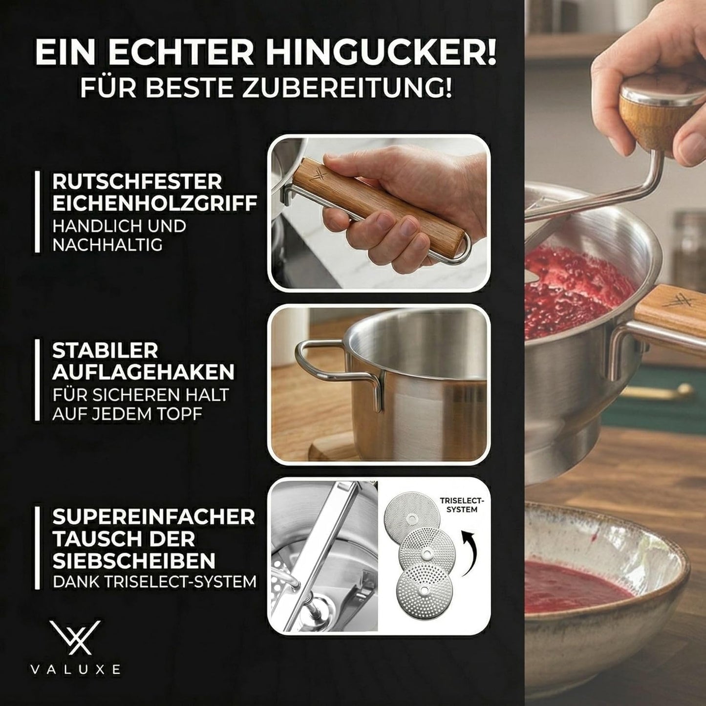 Passiermühle mit 3 Siebeinsätzen