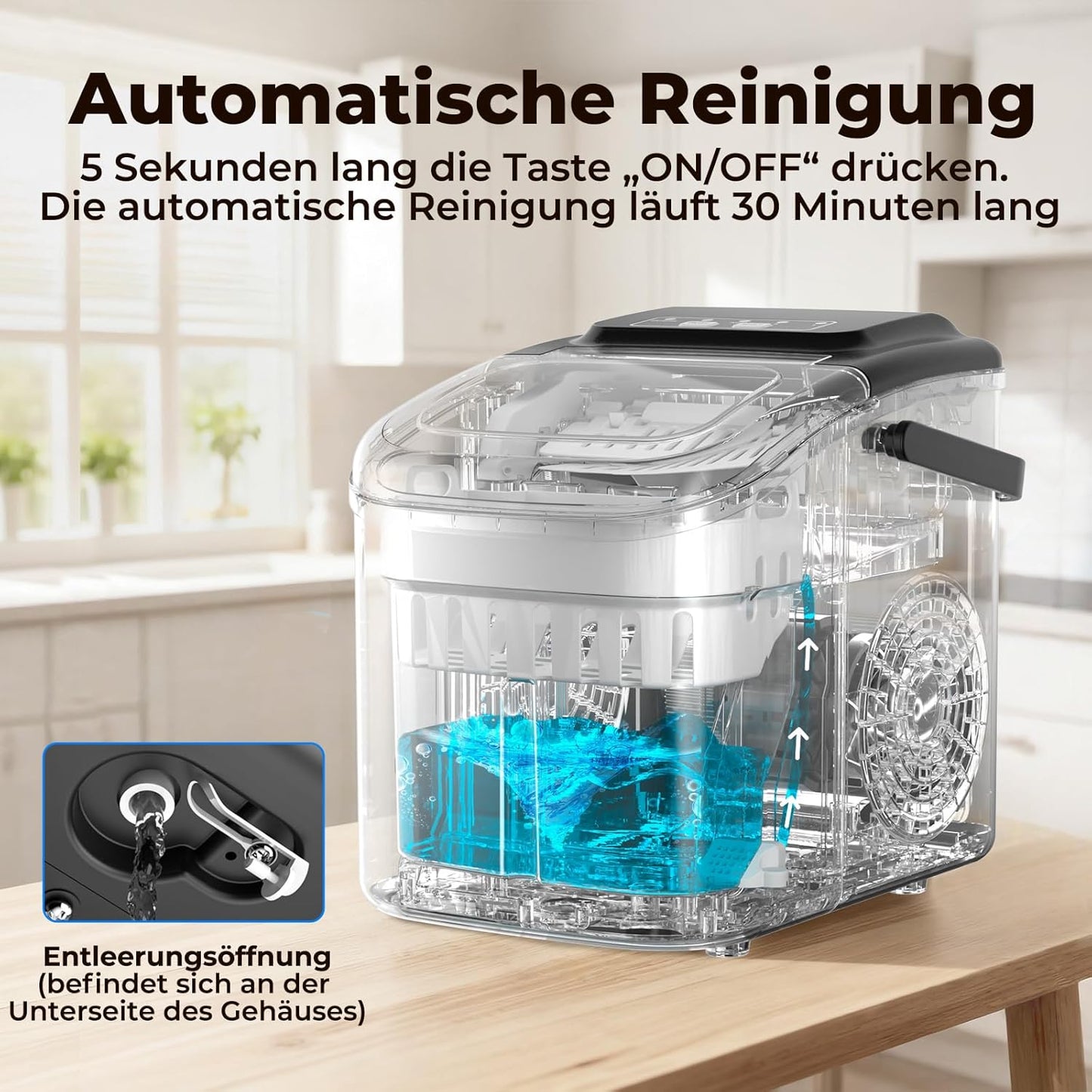 Eiswürfelmaschine mit Selbstreinigungsfunktion, Schwarz
