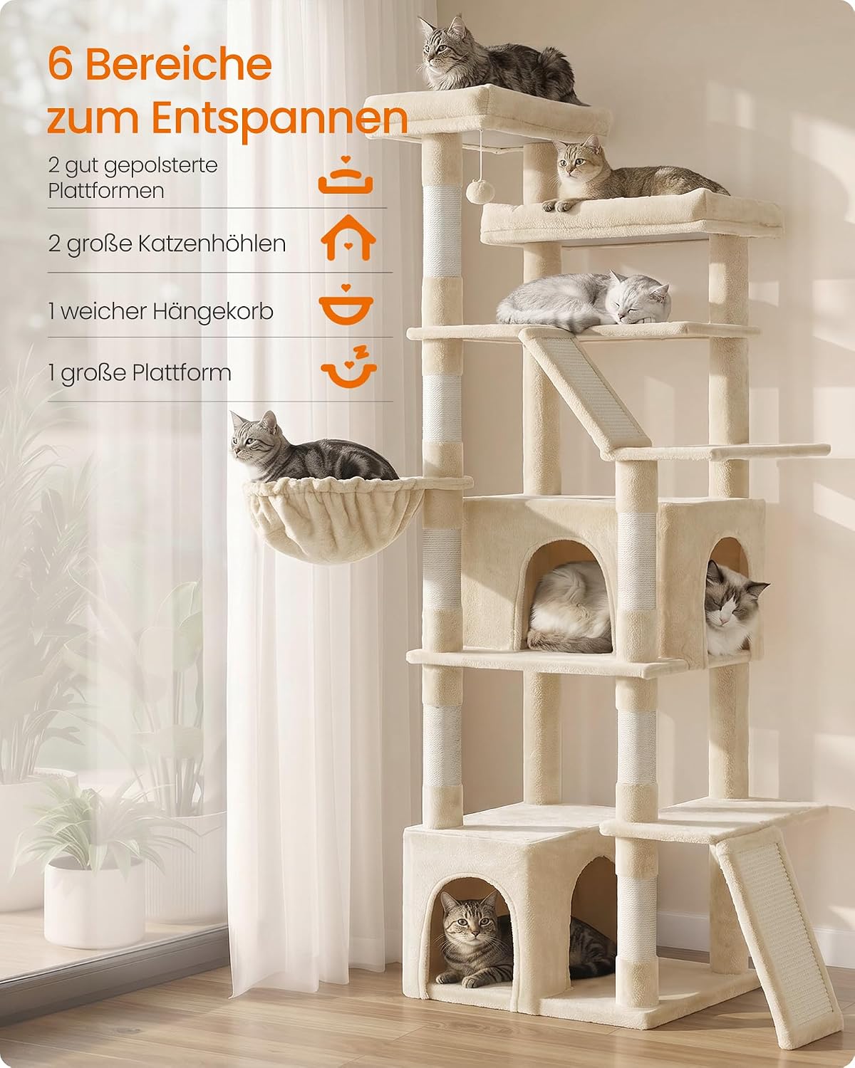 Katzenkratzbaum mit Höhlen und Hängematte, Beige
