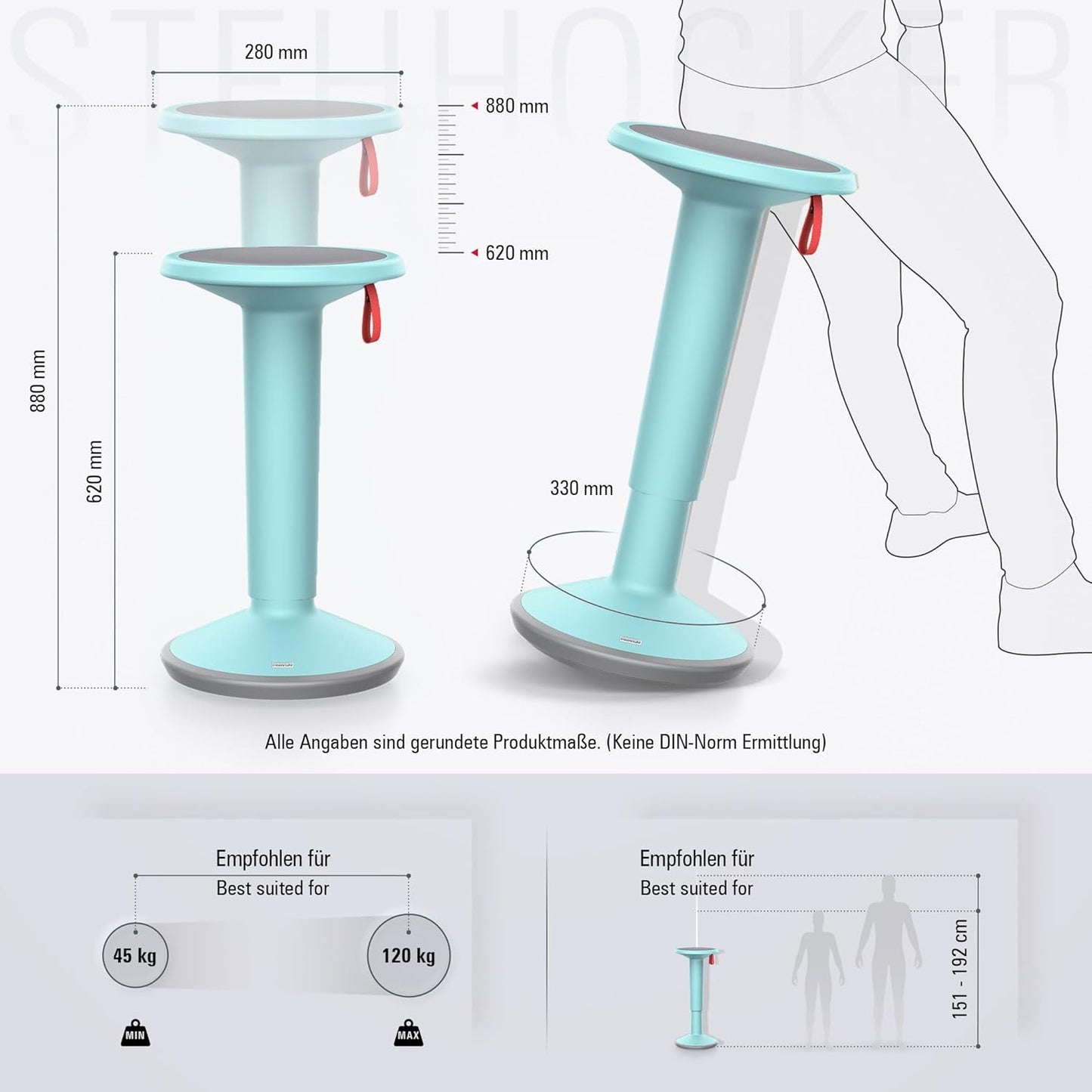 Ergonomischer UPis1 Stehhocker, höhenverstellbar mit Kippschutz, UP Stehhocker Pastelltürkis