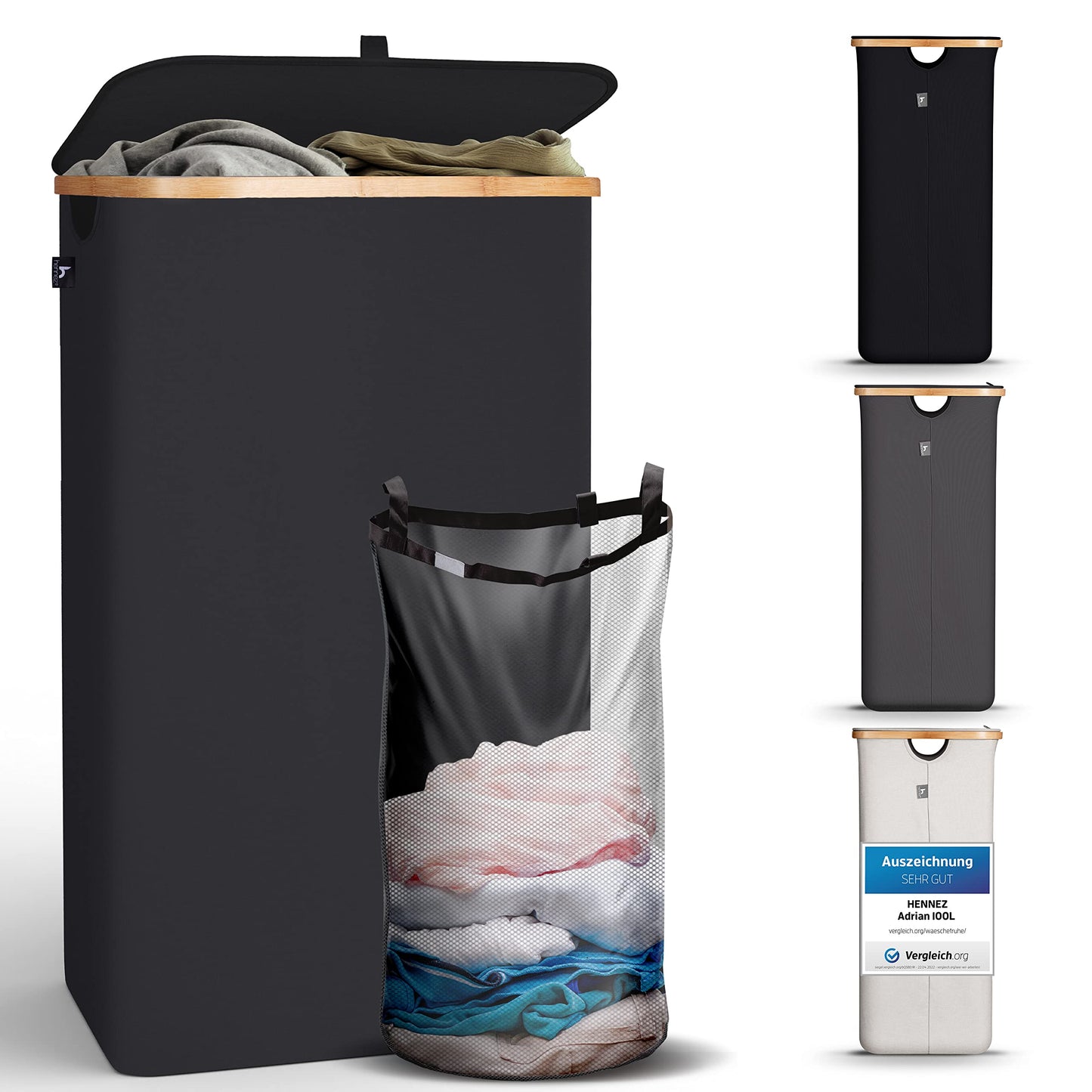 Wäschekorb mit Deckel, 100L 100l Schwarz