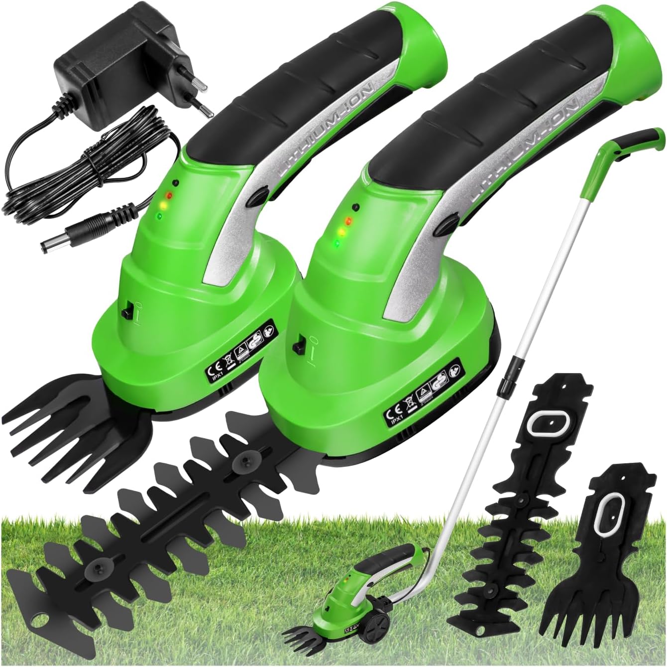 Akku-Heckenschere mit Grasschere und Teleskopstange