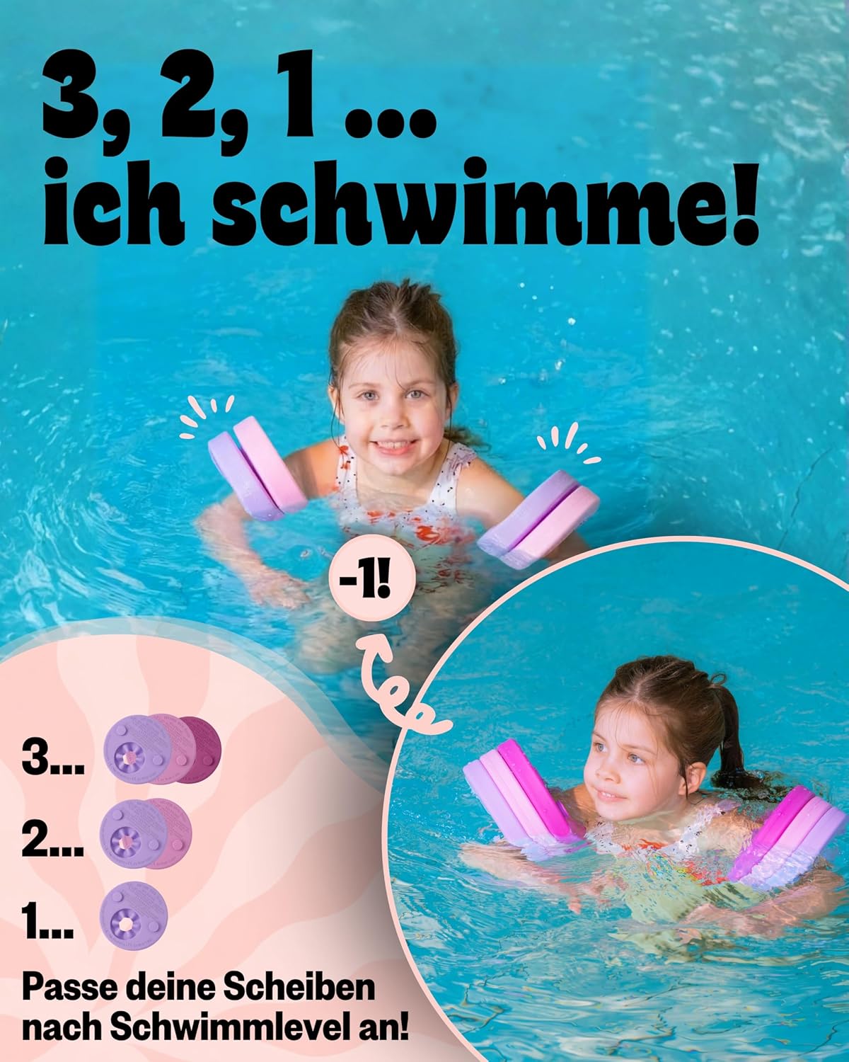 Verstellbare Schwimmscheiben mit Klickverschluss inkl. Sportbeutel, pink