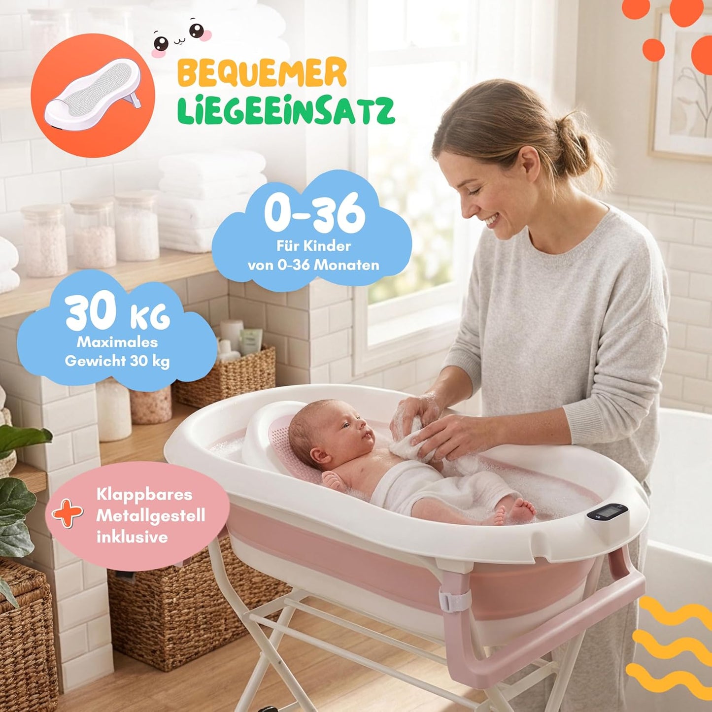 Babybadewanne mit Gestell und Badesitz, Rosa mit Ständer und Badesitz