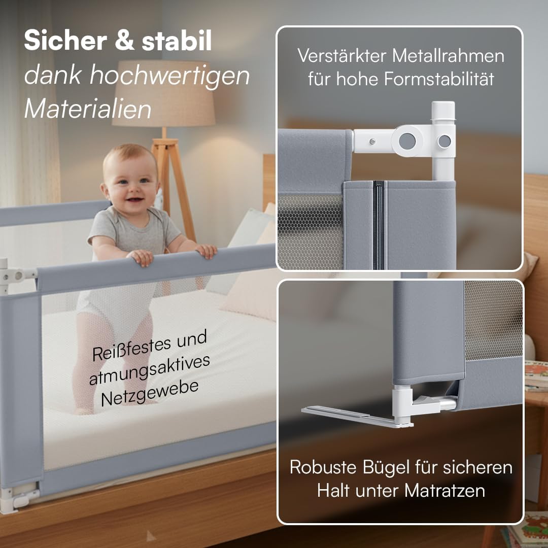 Rausfallschutz – Bettschutzgitter 150 cm, Hellgrau 150 cm mit Gurt