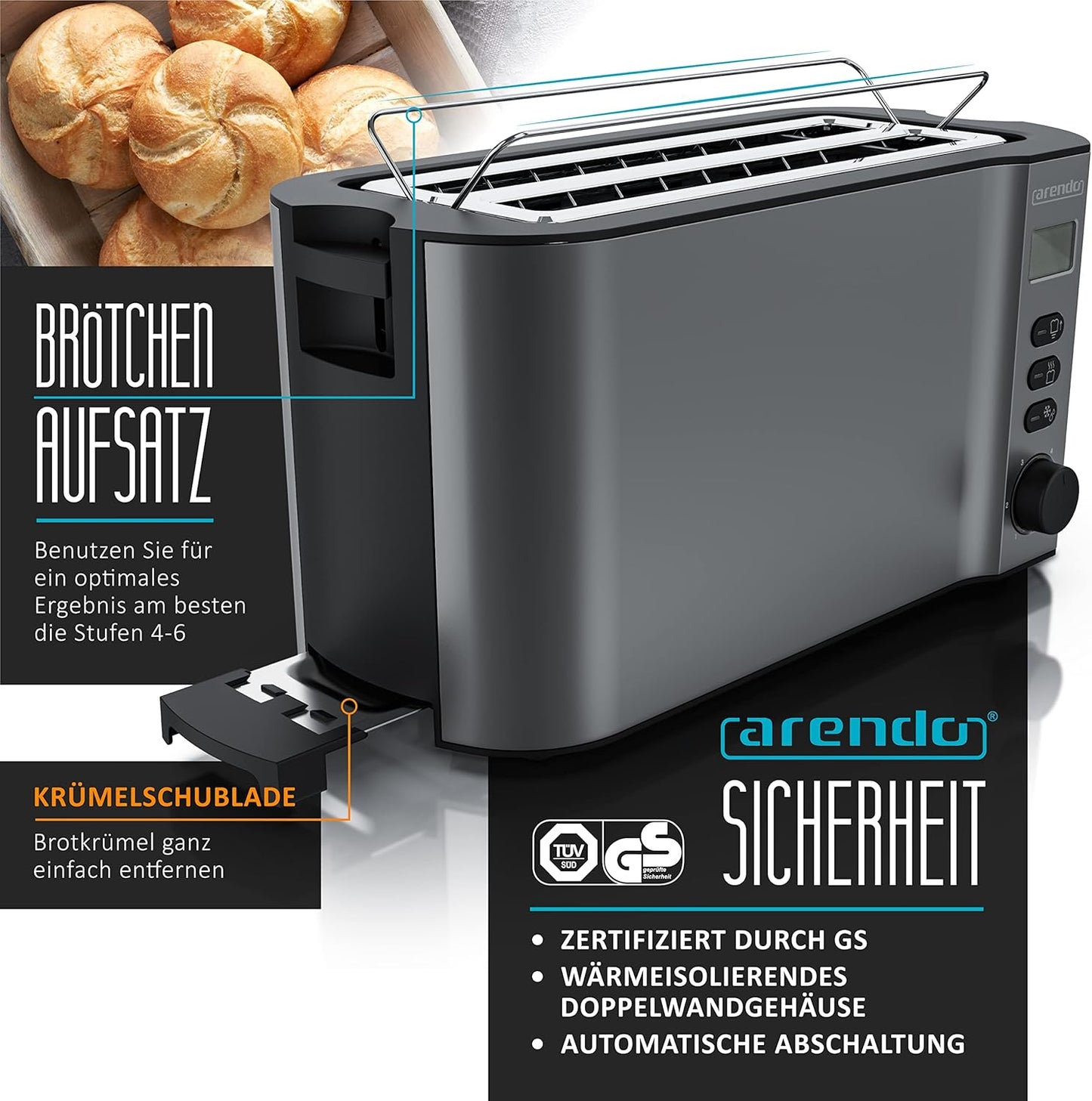 Langschlitztoaster Manha mit Brötchenhalter und 6 Bräunungsstufen, A: Cool Grey