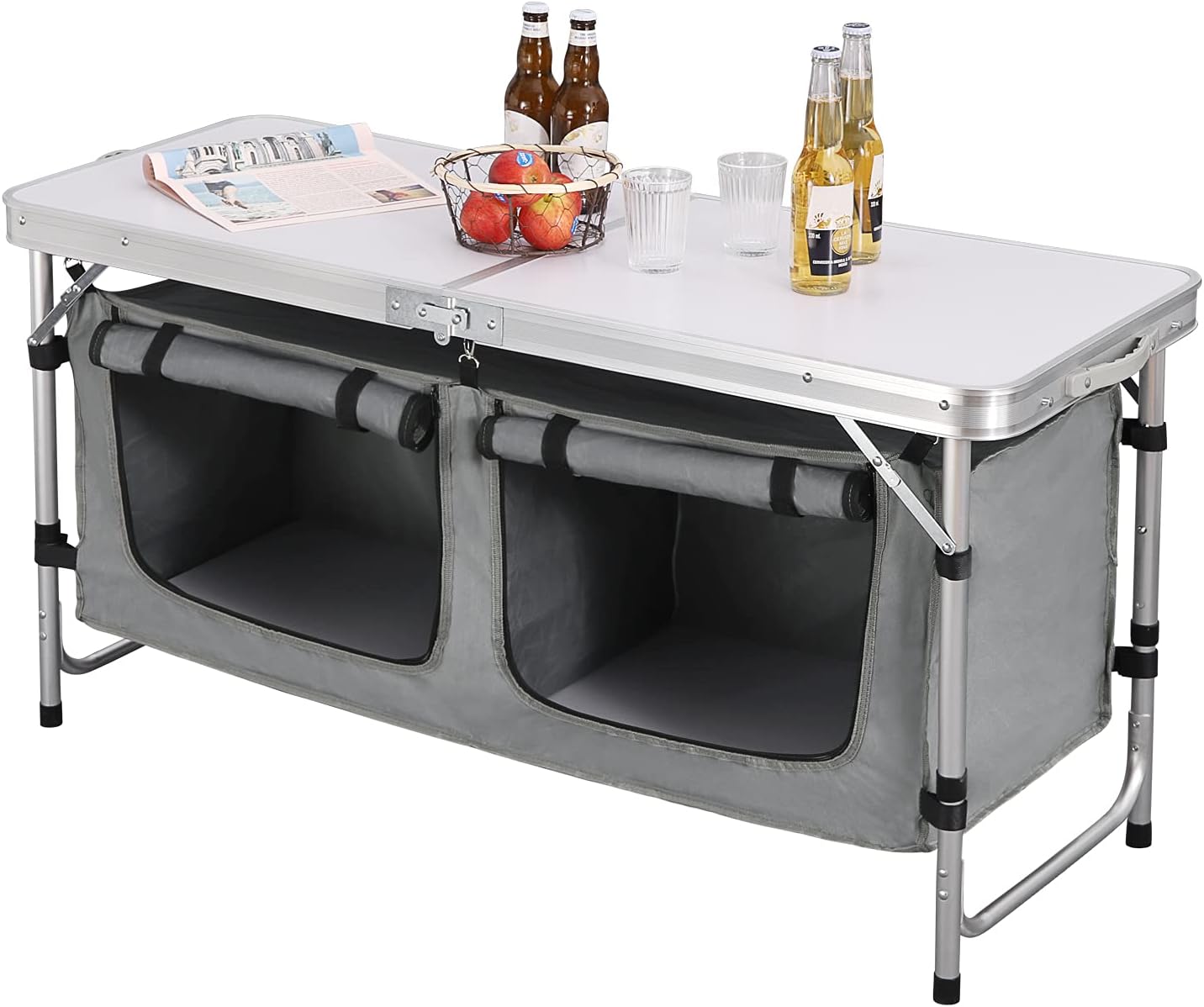 Faltbarer, höhenverstellbarer Campingtisch mit Stauraum, Weiß+grau