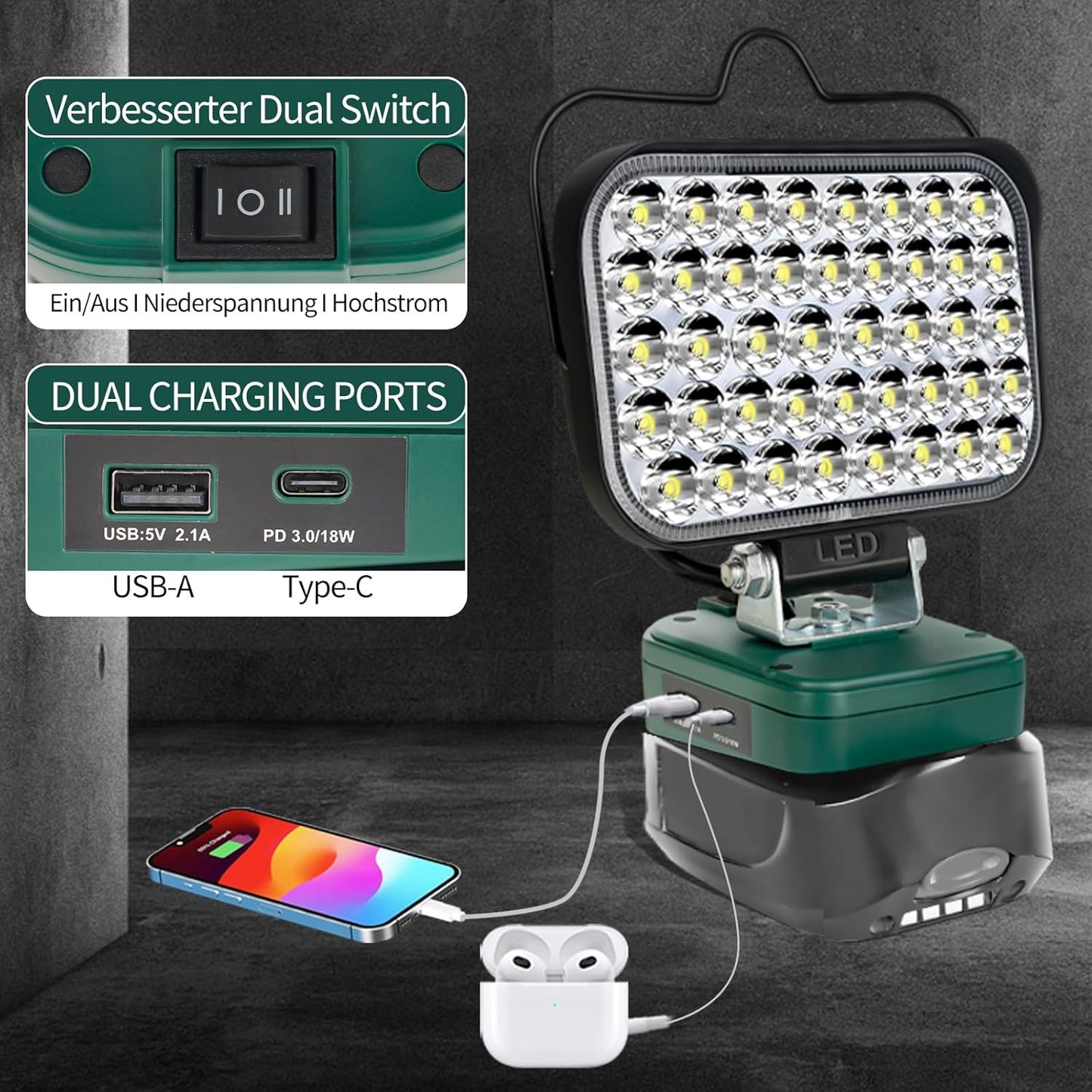 Kabellose LED-Arbeitsleuchte, Green