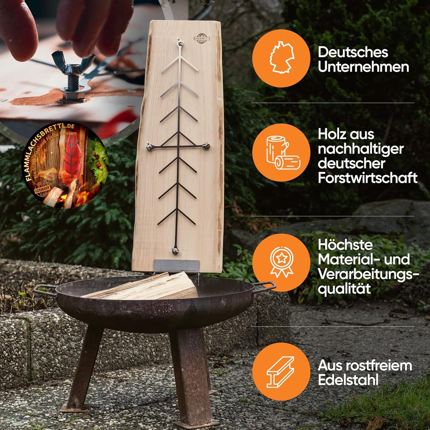 Flammlachsbrett für Feuerschale und Grill