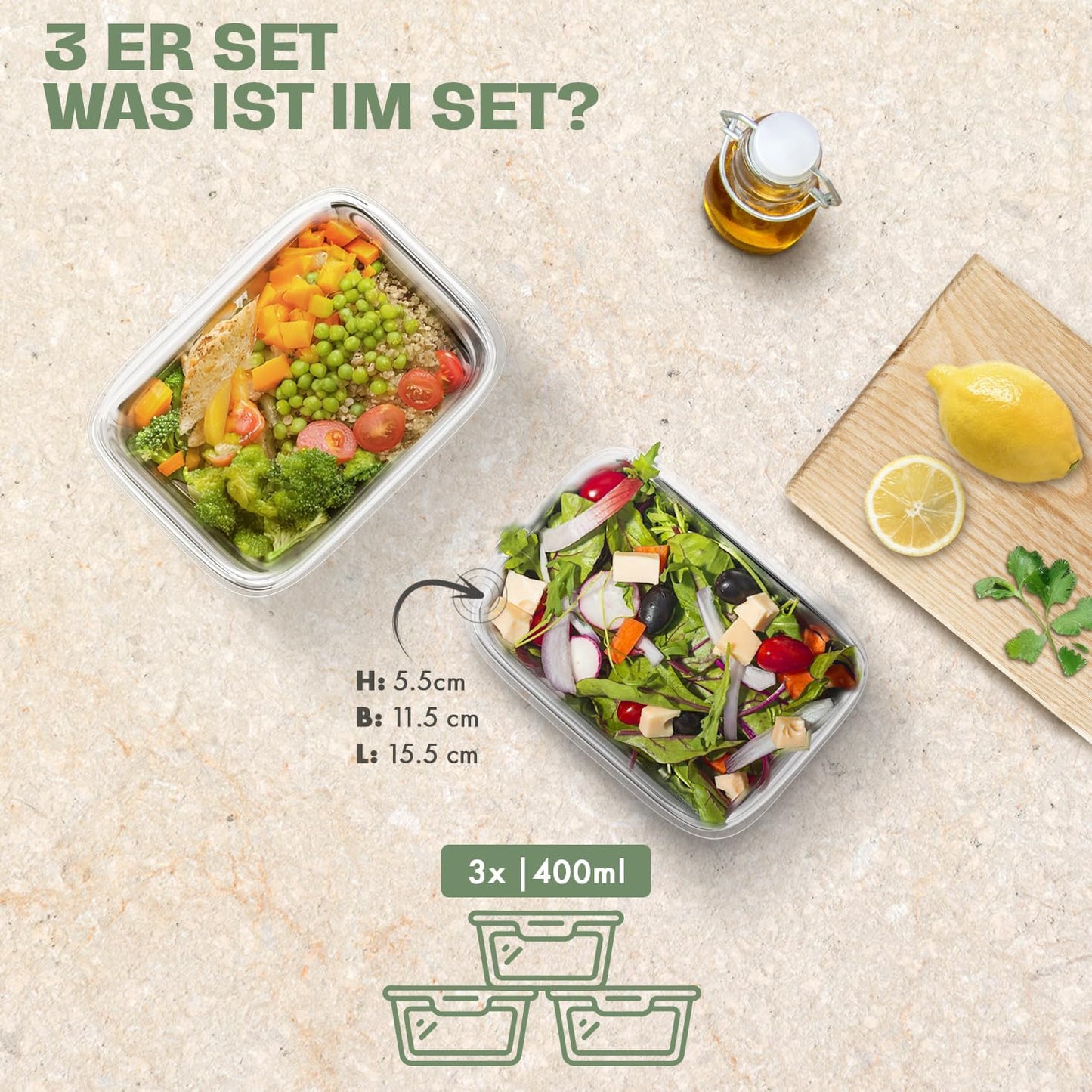 Vorratsdosen-Set aus Glas (3-teilig, luftdicht), Meal Prep Boxen 3er Set