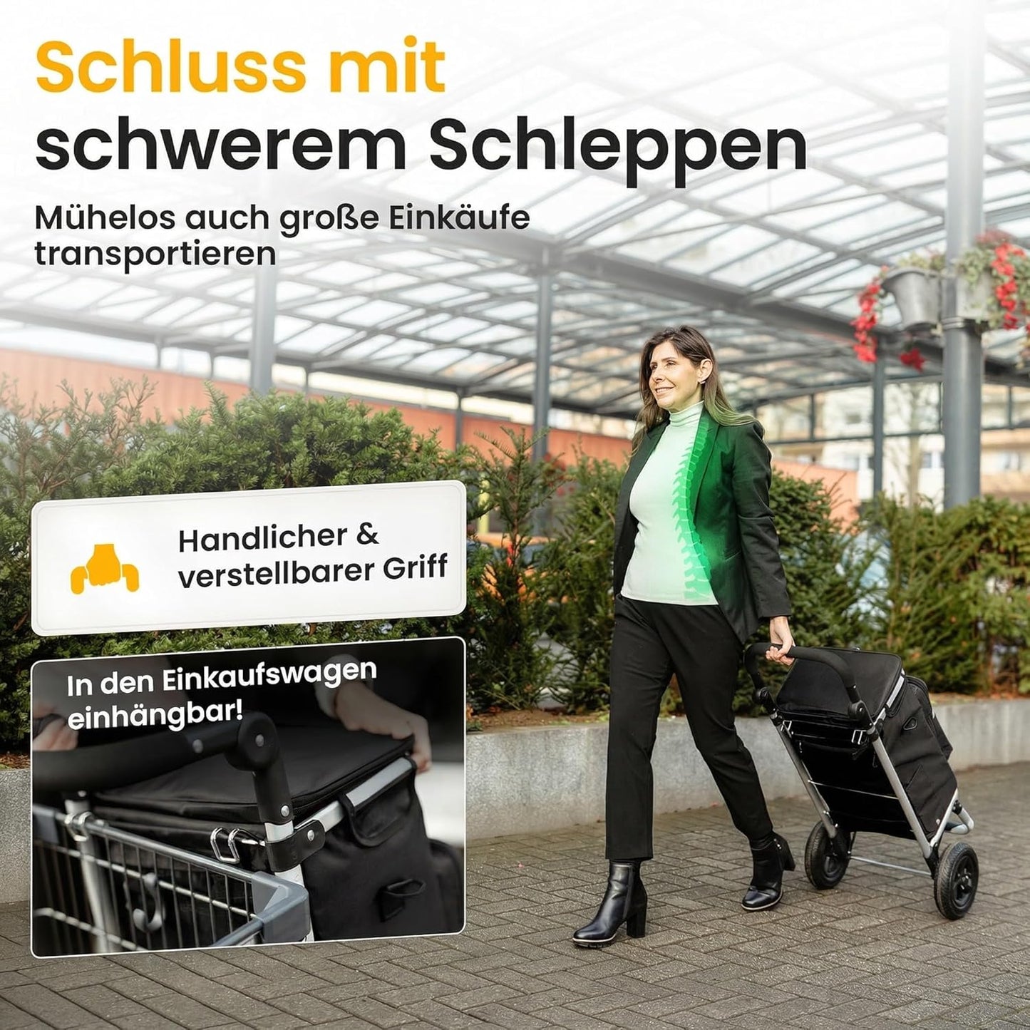 Klappbarer Einkaufstrolley mit Lufträdern, Schwarz