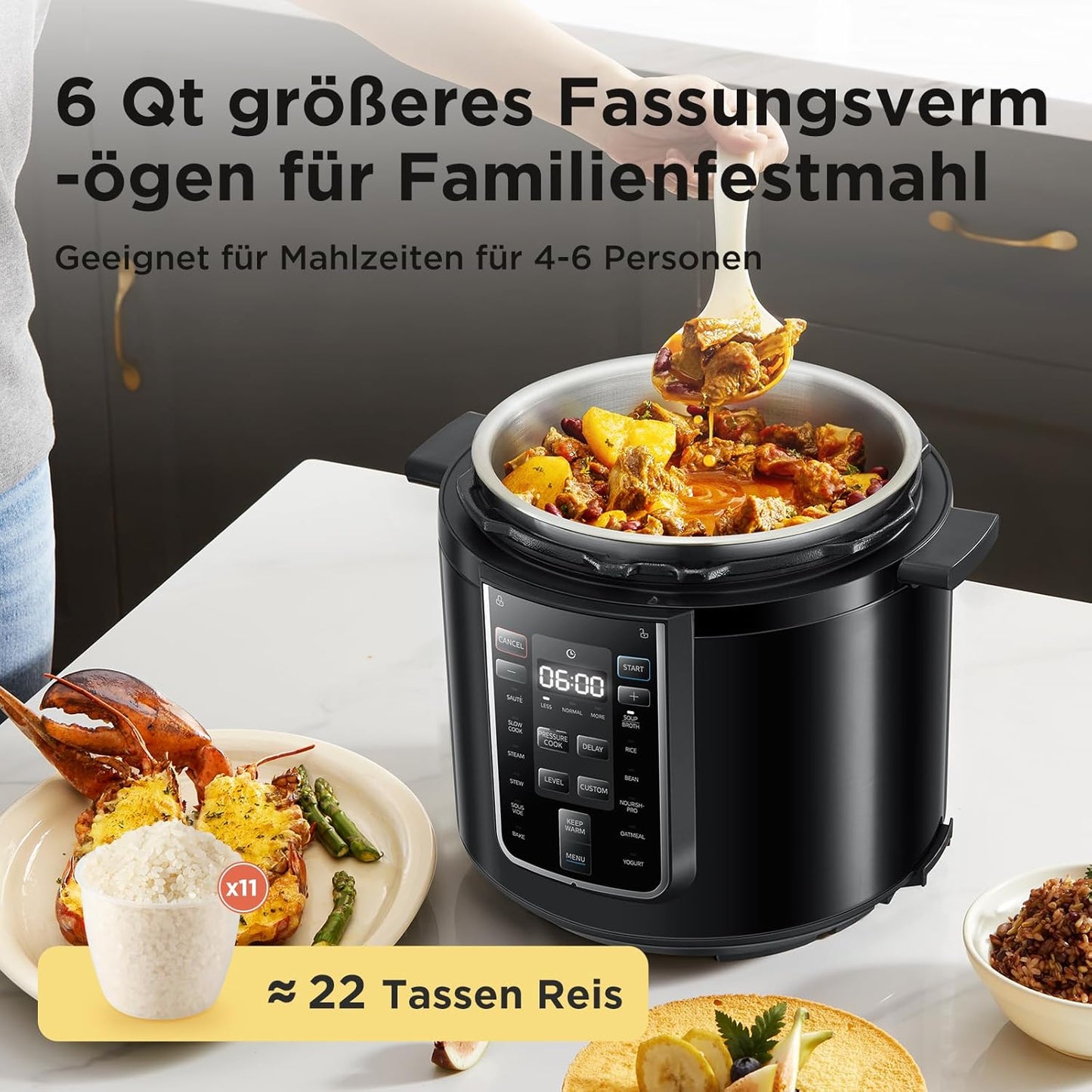 Elektrischer 9-in-1 Multikocher mit 14 Funktionen, 6 Liter ; Schwarz