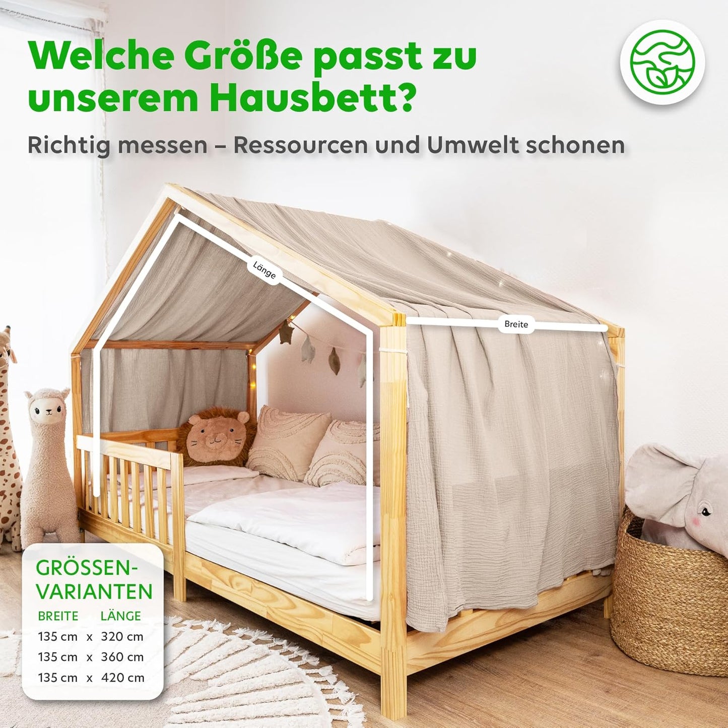 Handgefertigter Baumwoll-Vorhang für Hausbetten, Hellbeige 135 x 360cm ohne Goldapplikation