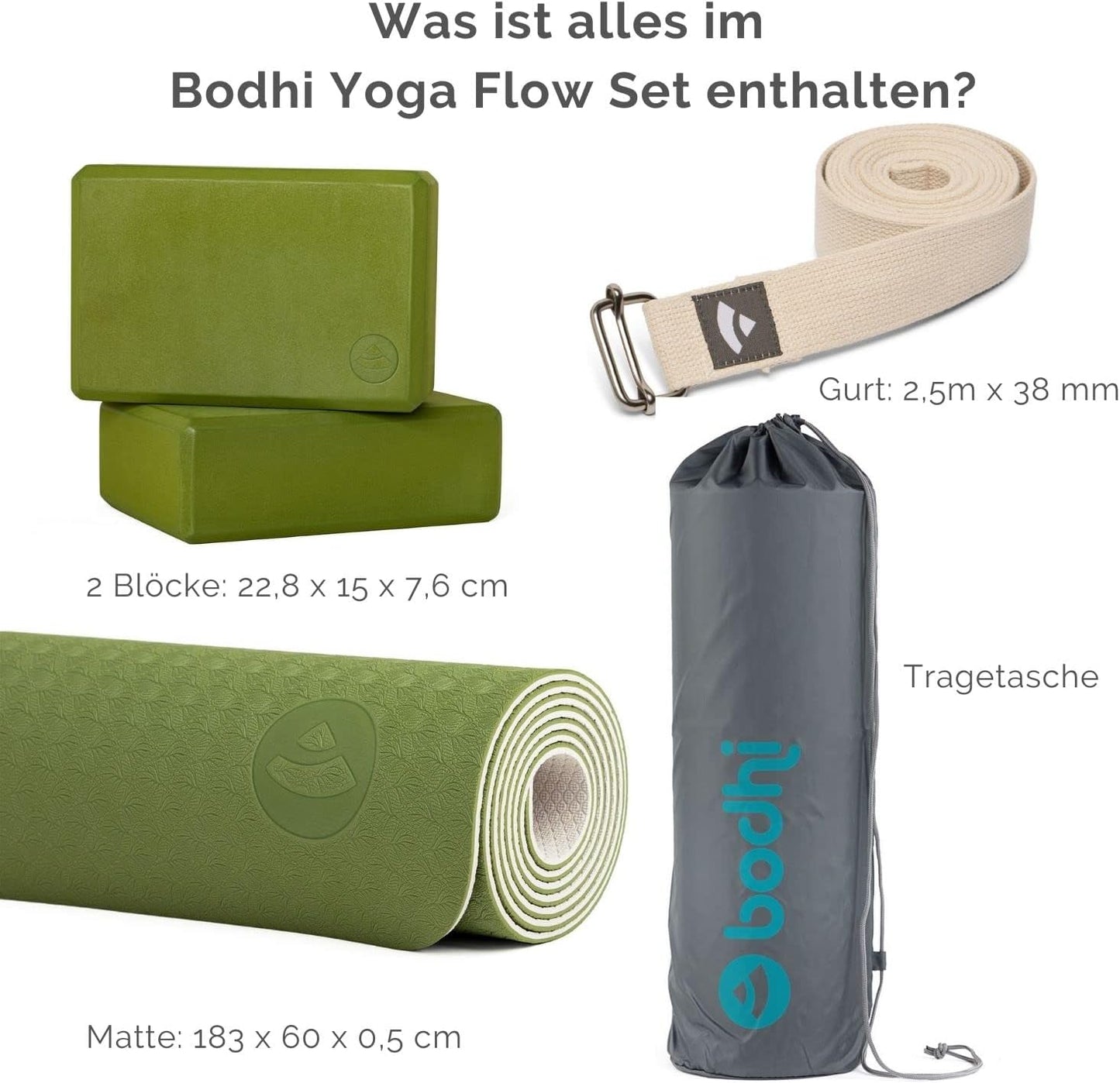 Yoga Starter-Set mit Matte, Blöcken & Gurt, olivgrün/sand