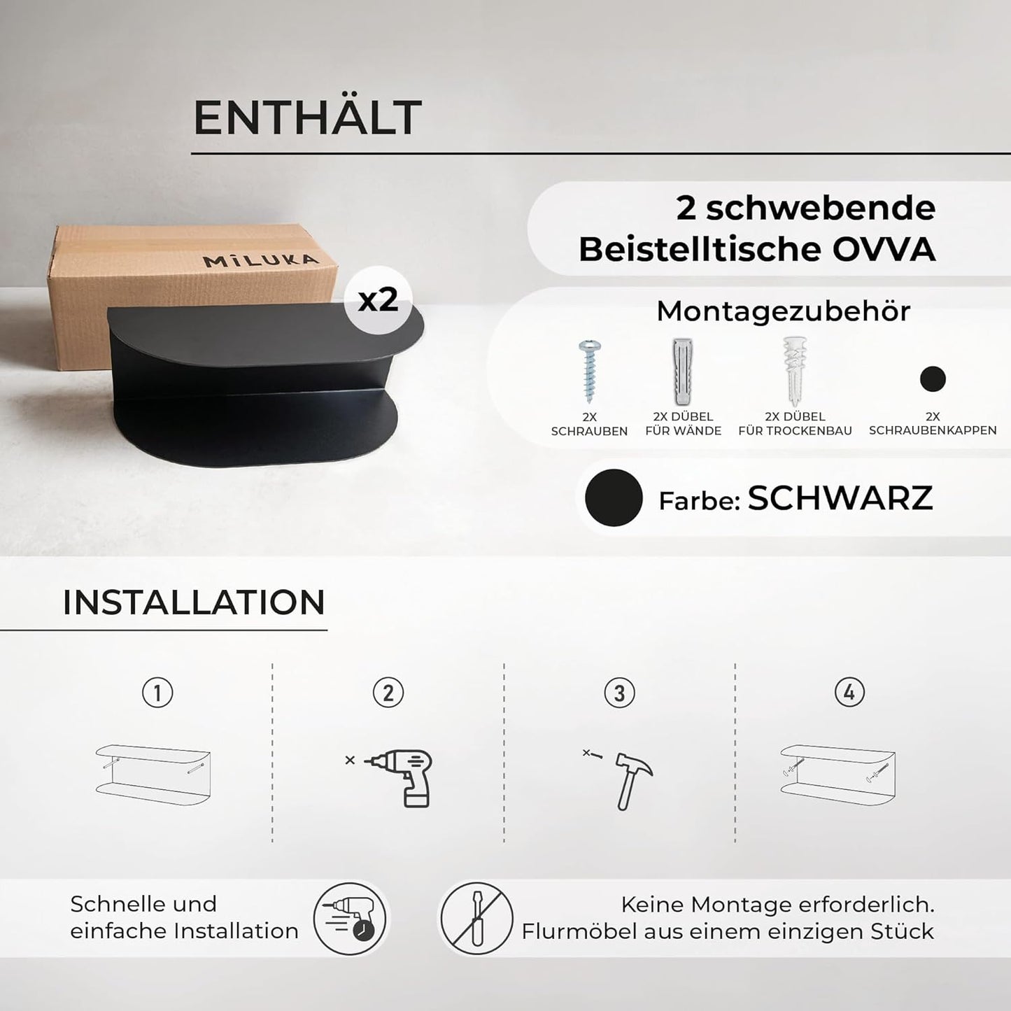 2er-Set Schwebender Nachttisch, Schwarz