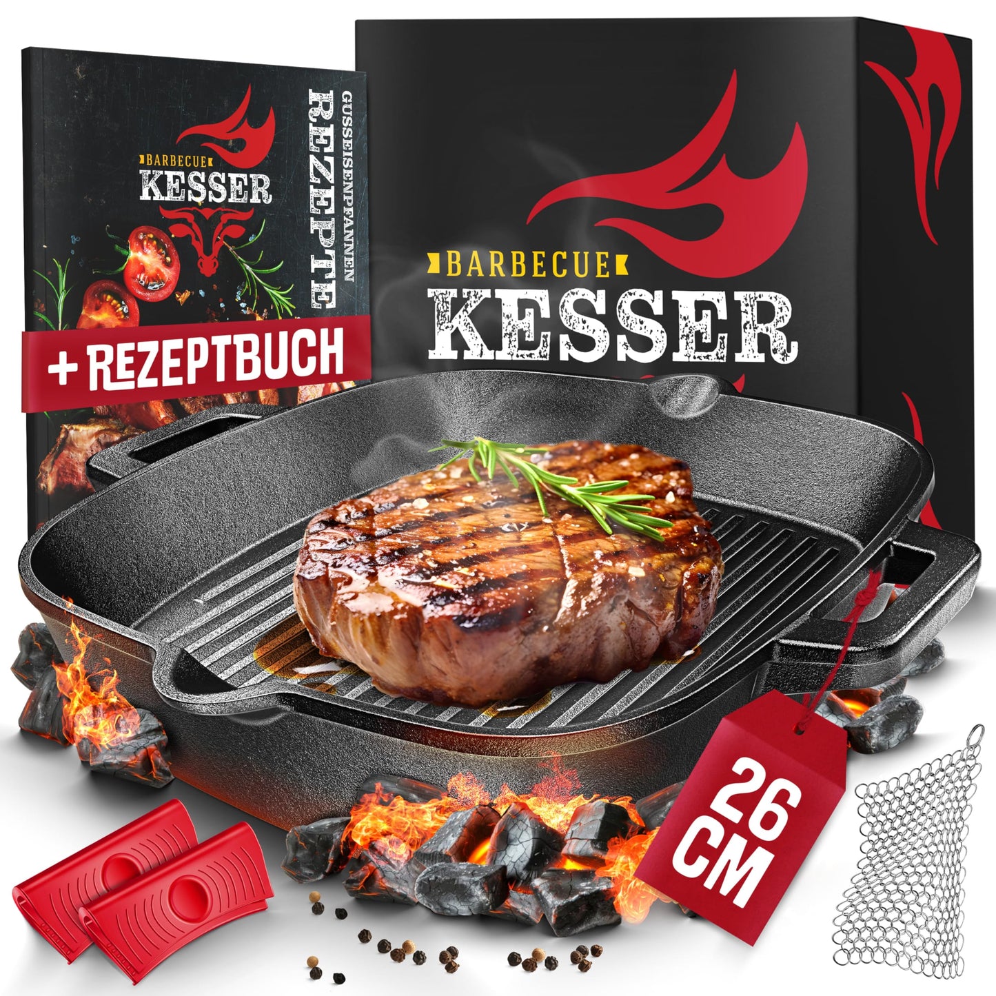 Gusseisen Grillpfanne, 26 cm Eckig