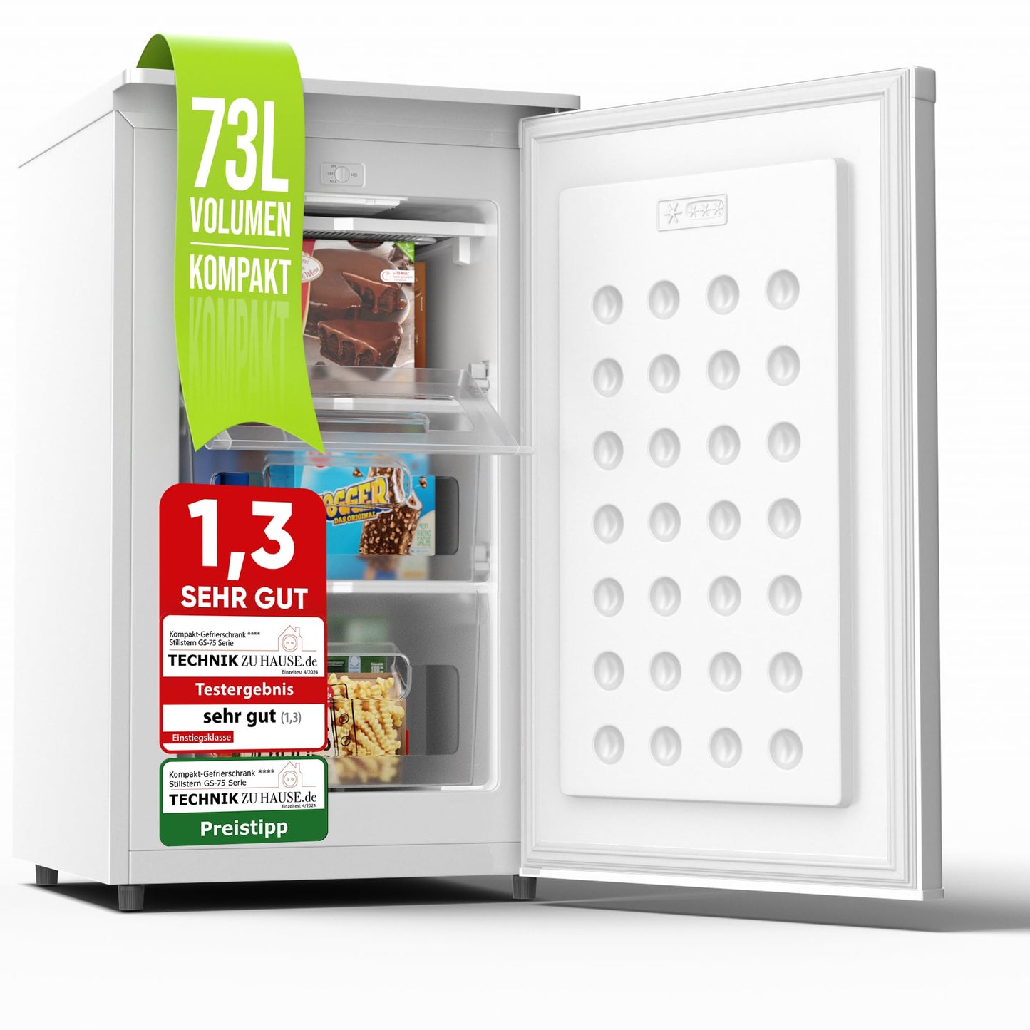 Kompakter Gefrierschrank 73L mit 3 Fächern, Weiss