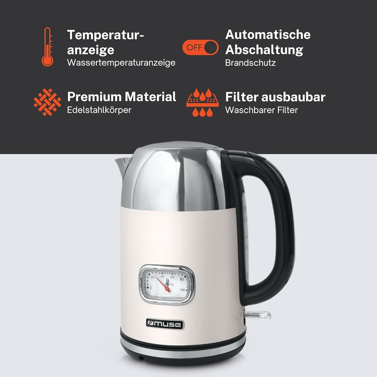 Retro MS-020 SC Wasserkocher mit Analoganzeige, Beige