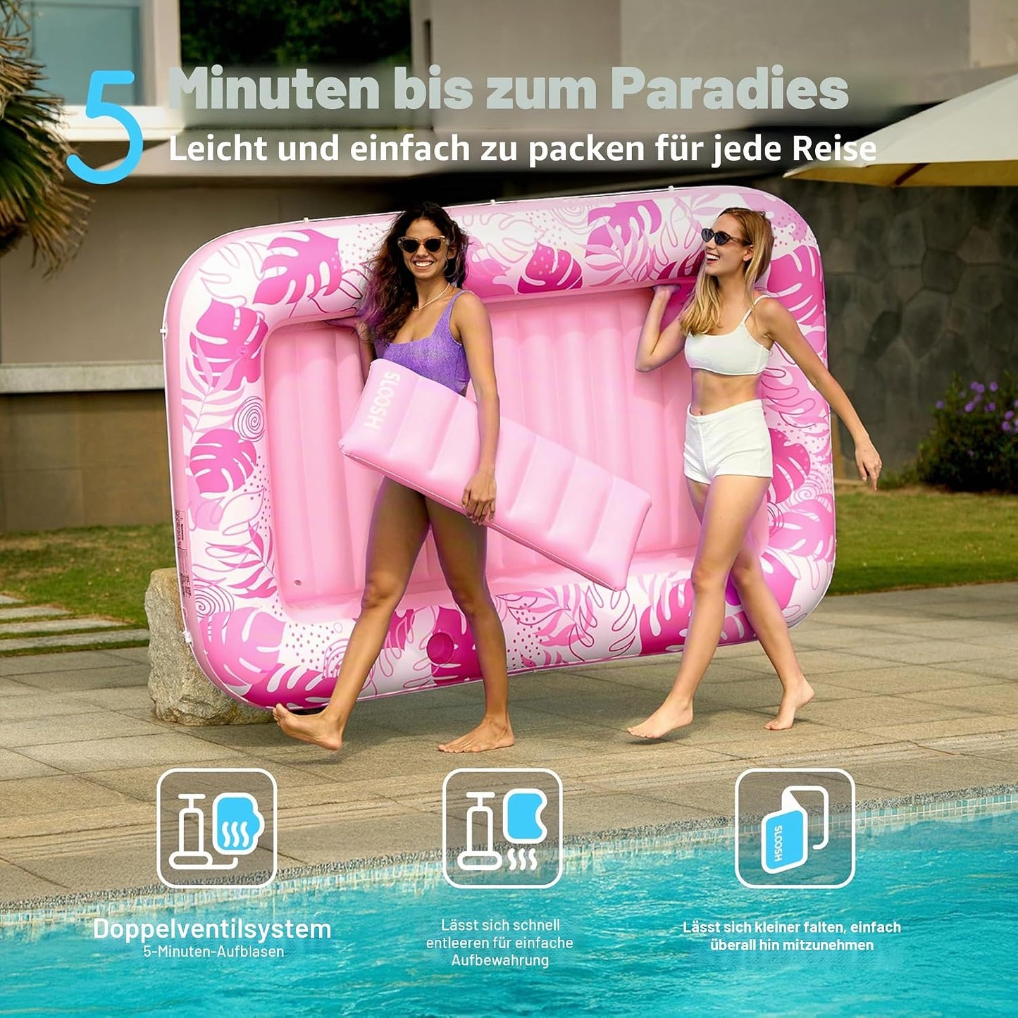 Aufblasbarer 4-in-1 Sonnenliegepool mit Kissen und Getränkehalter, Zartrosa XL