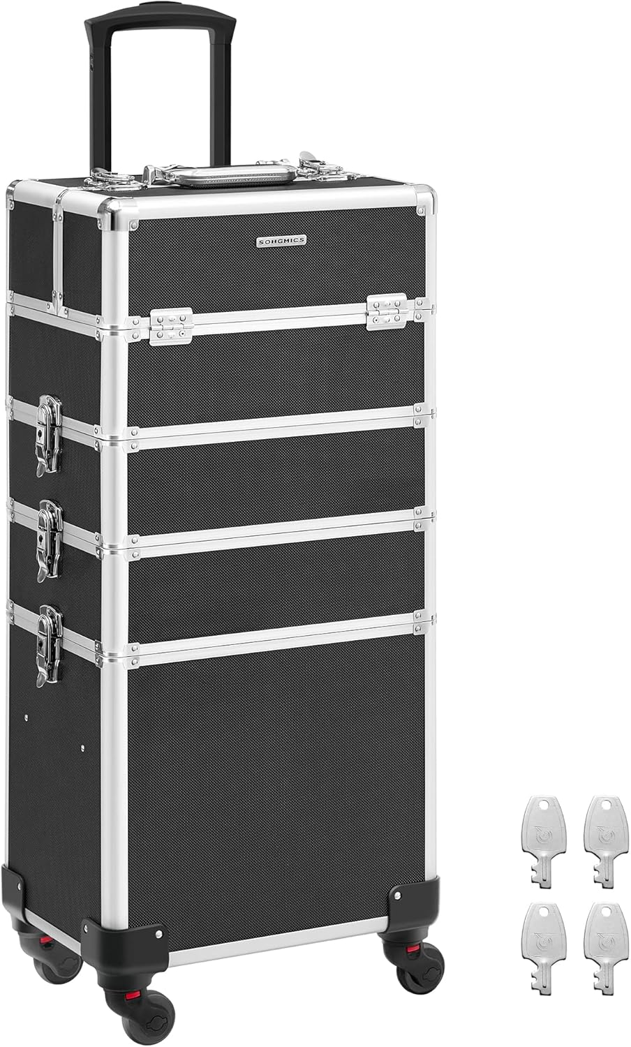 4-in-1 Schminkkoffer, abschliessbar mit Rollen, Schwarz 35 x 25 x 79 cm