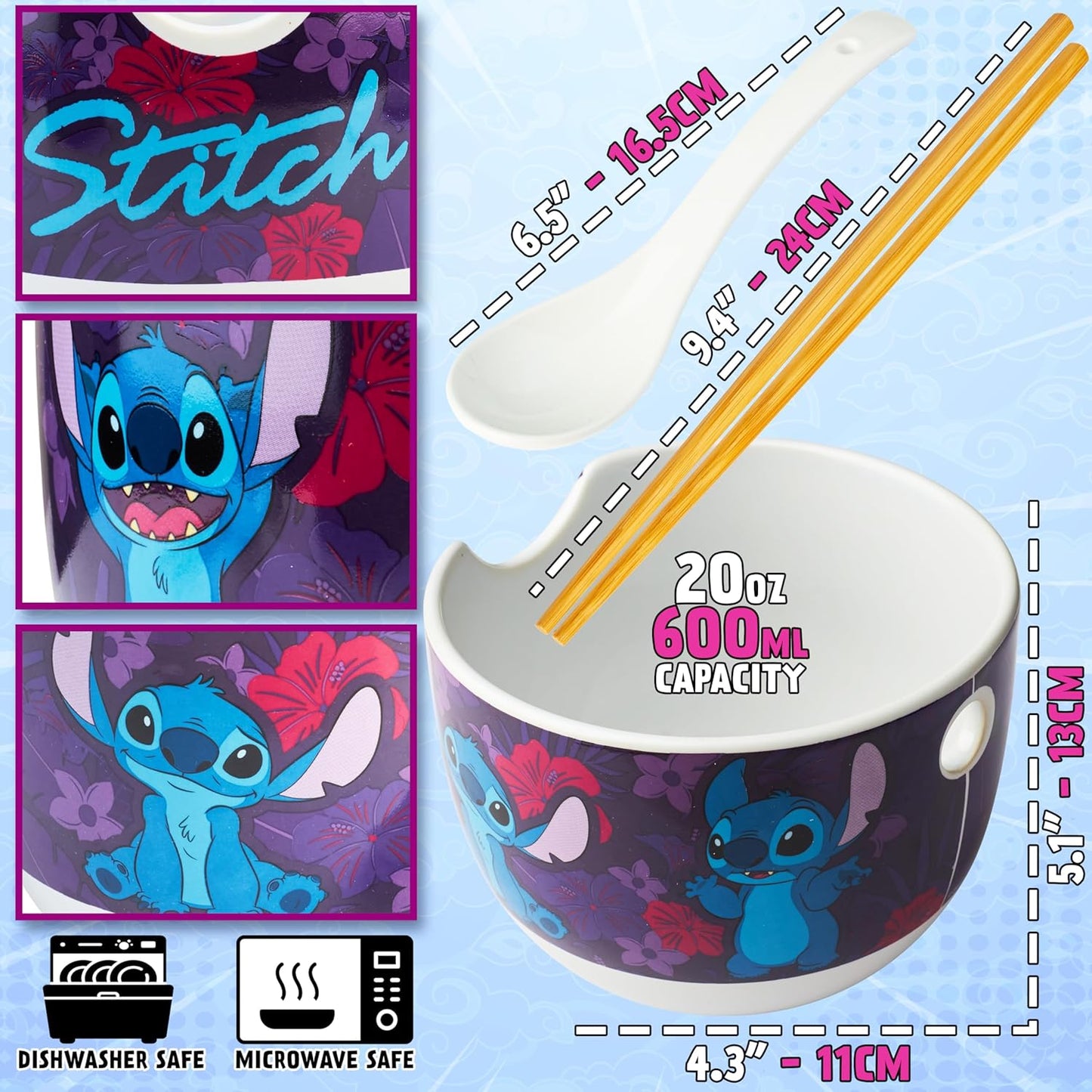 Ramen Schüssel Set mit Löffel & Essstäbchen für Kinder, Multi Stitch