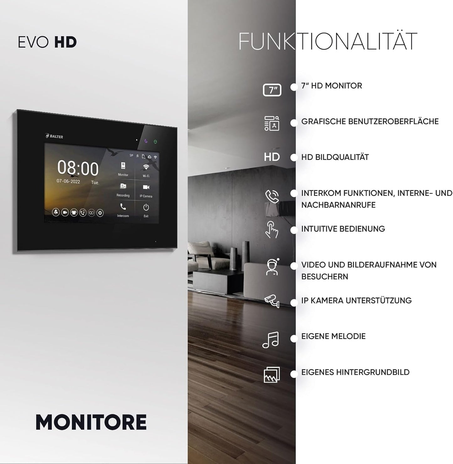 EVO-HD Video Türsprechanlage mit Fingerabdruckscanner, 3-Familienhaus, 3 Familienhaus, Ohne App C. Schwarz/Schwarz