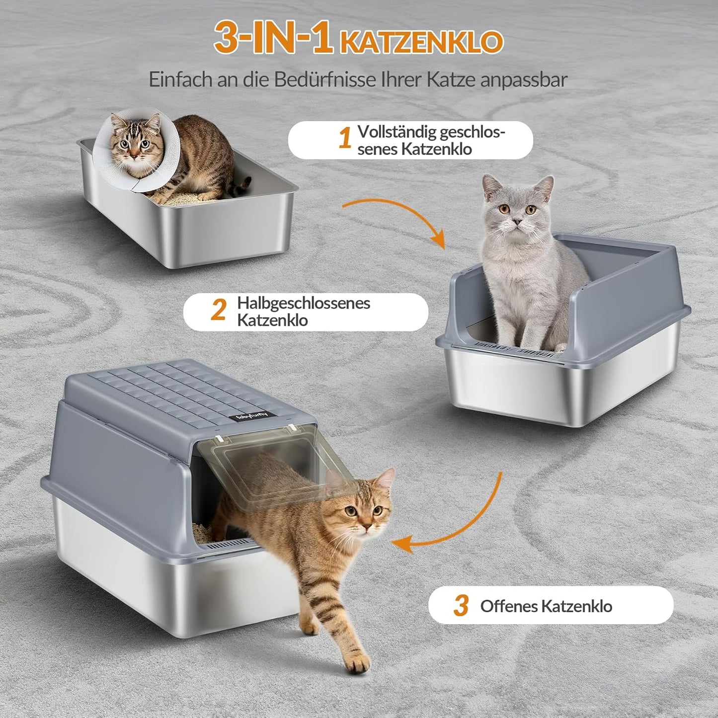 Geschlossene Katzentoilette mit Klappdeckel, Gris Foncé 1 Unité