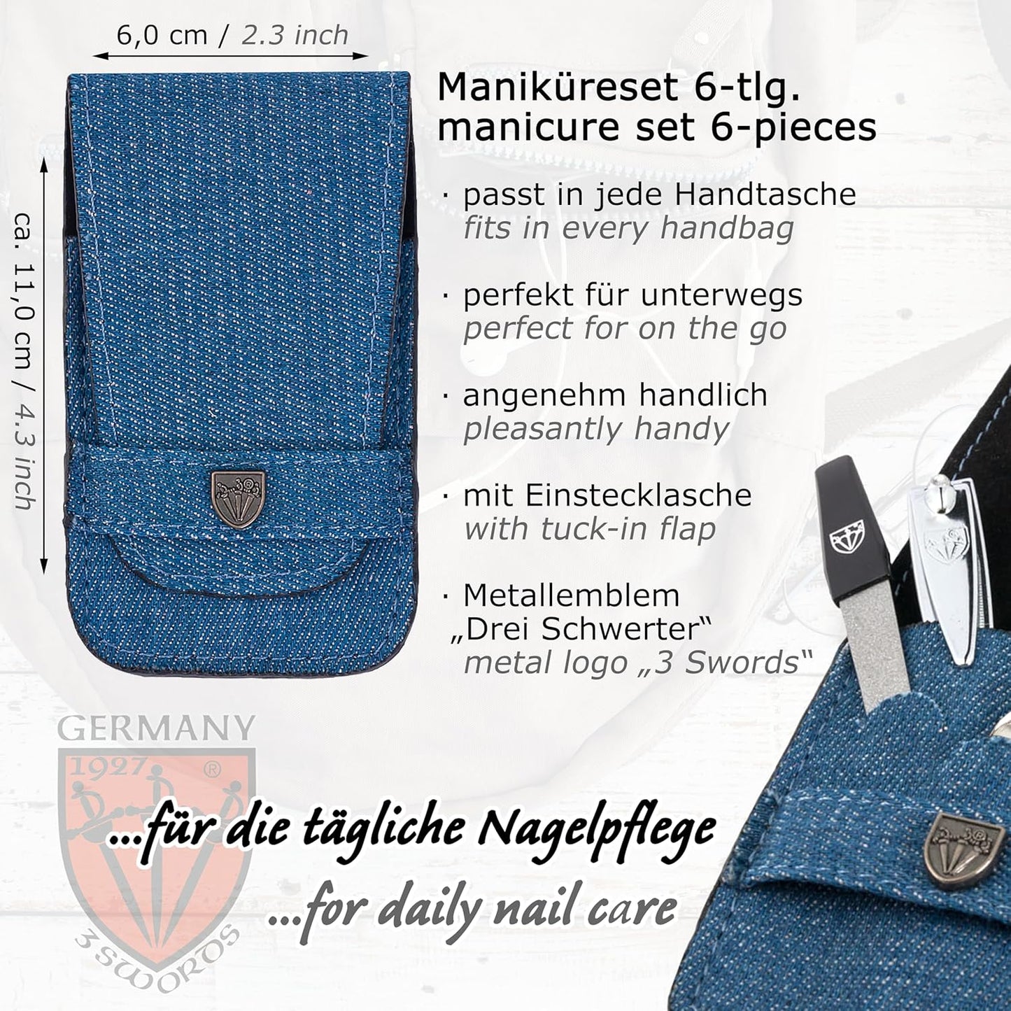 6-teiliges Maniküreset Massa im Etui, JEANS BLAU - TEXTILMATERIAL