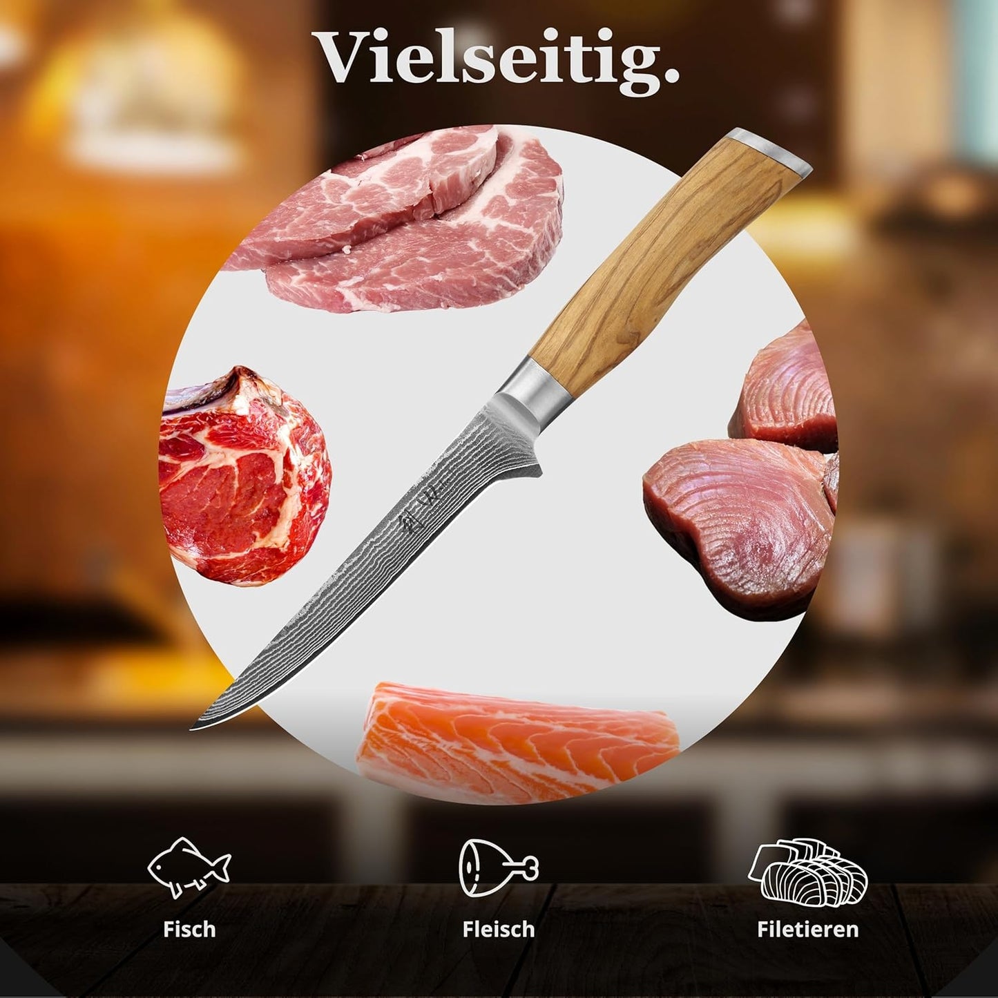Damast-Ausbeinmesser mit Olivenholzgriff, Ausbeinmesser