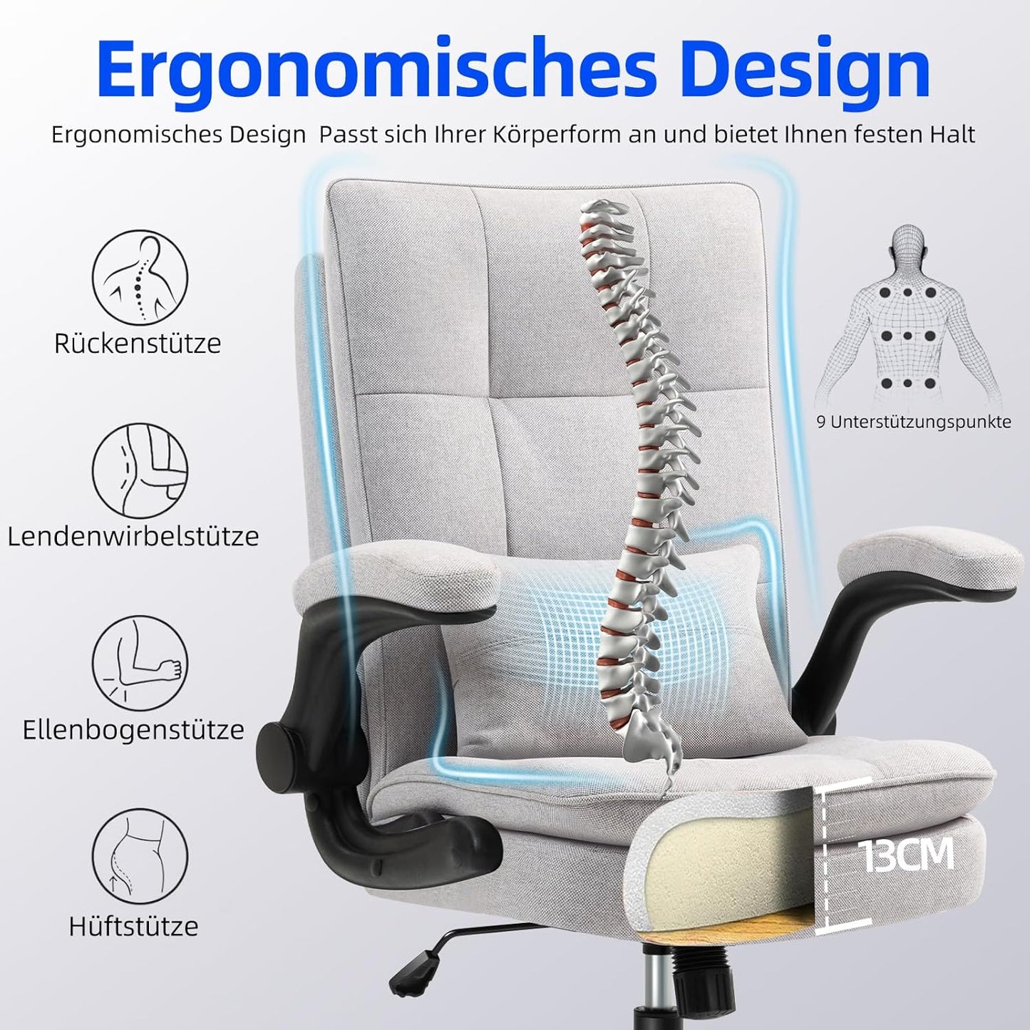 Ergonomischer Bürostuhl mit klappbaren Armlehnen, Grau