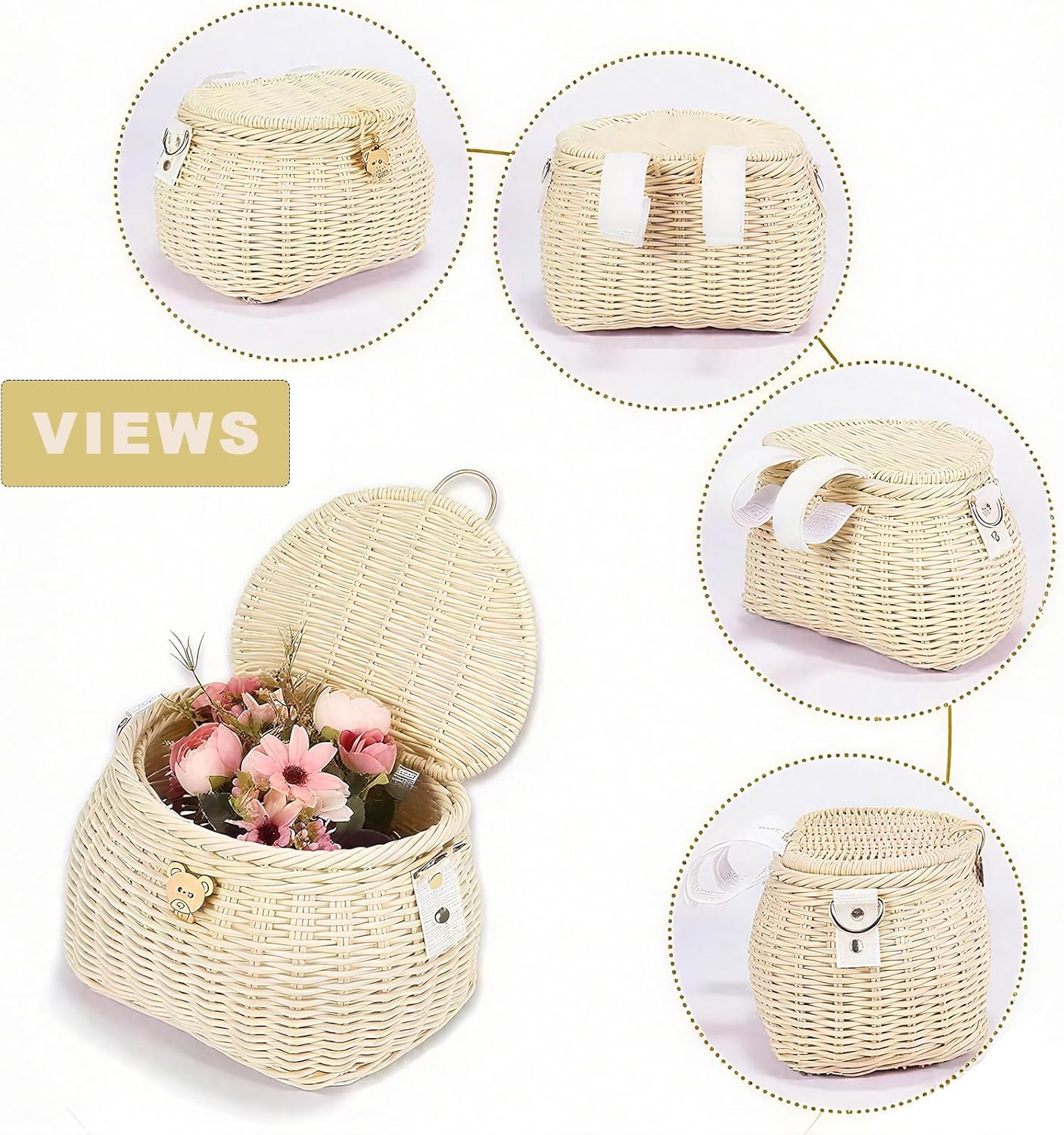 Abnehmbarer Kinderfahrradkorb, Rattan-Design, Beige