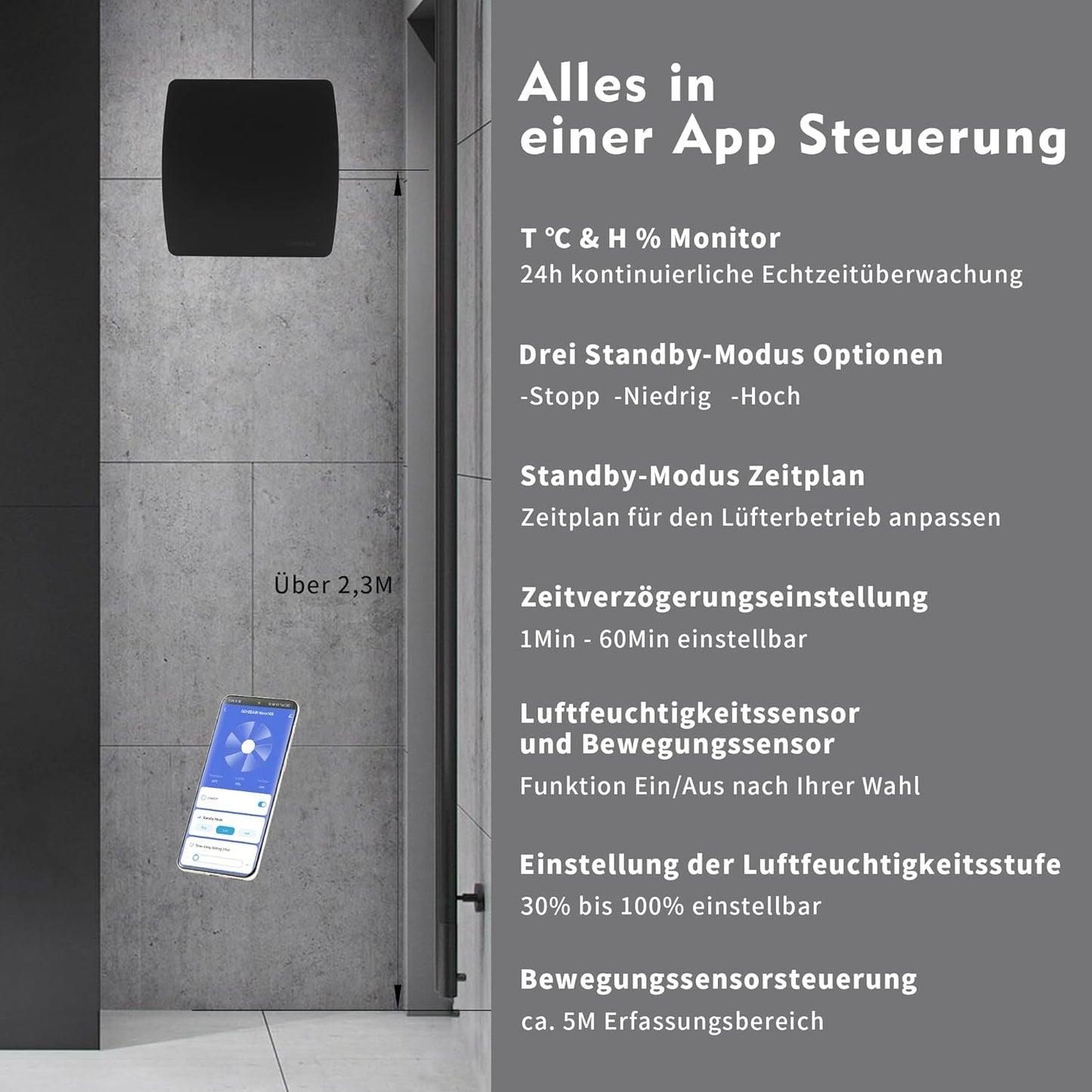 Nova100 WiFi-Badlüfter mit Sensoren und Timer, Schwarz