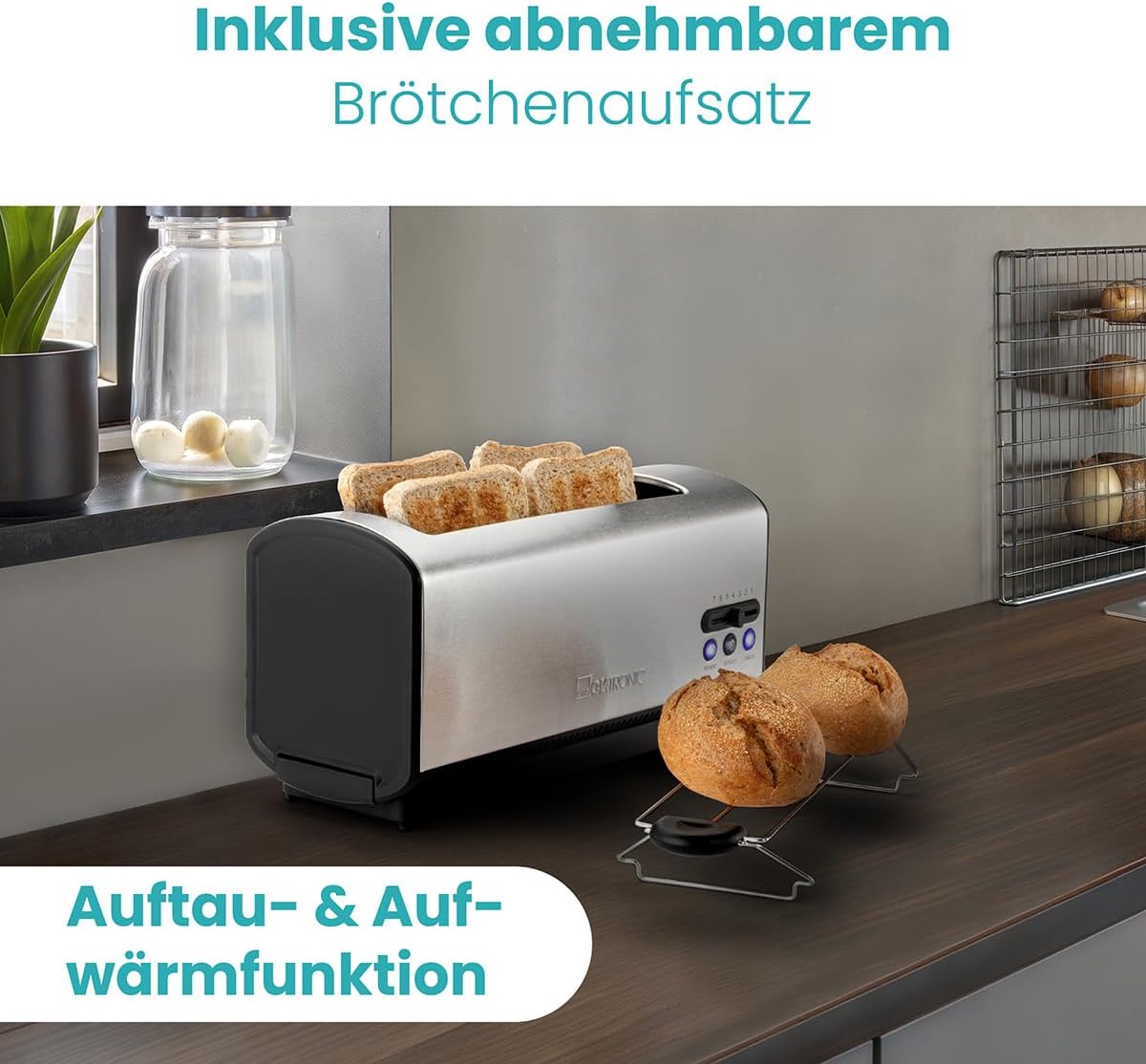 Langschlitztoaster mit Brötchenaufsatz, Silber