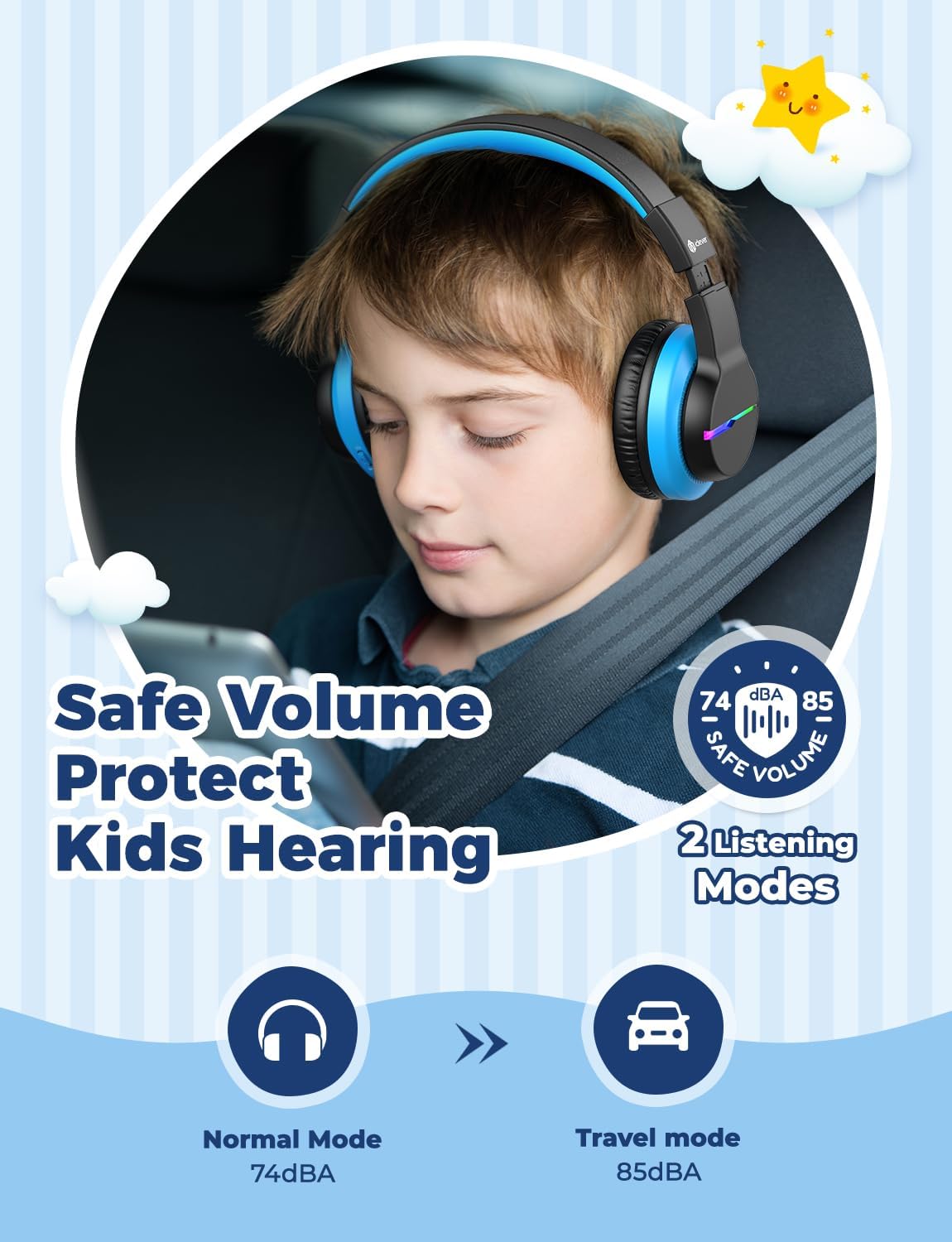 Bluetooth-Kinderkopfhörer mit LED, Schwarz