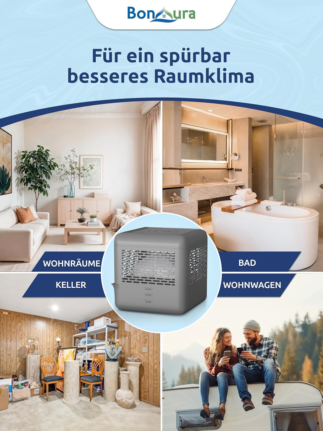 4er-Set Luftentfeuchter ohne Strom, 4 x Entfeuchter + 20 x Granulat