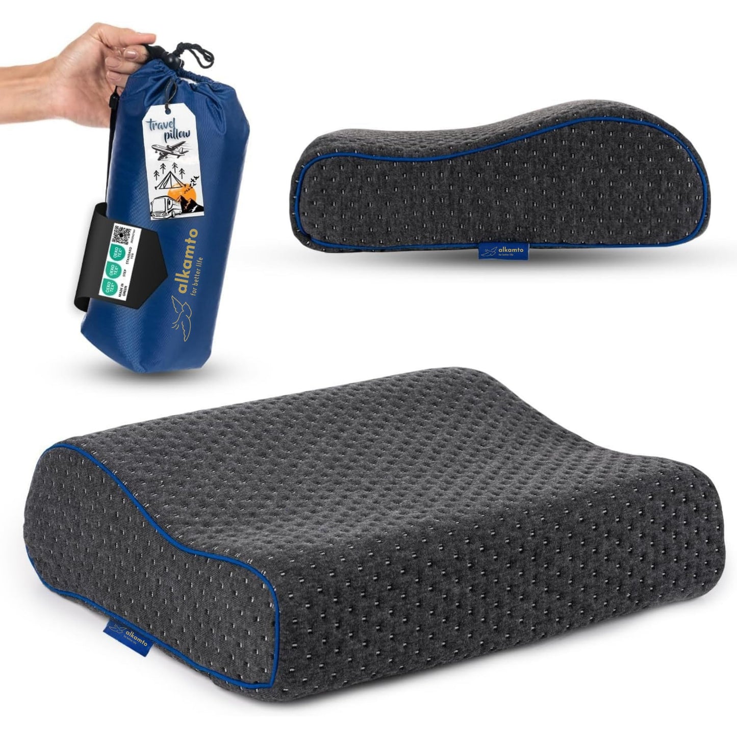 Ergonomisches Reisekissen mit Memory-Schaum, Grau Nackenstützkissen 35x30x10/8 cm