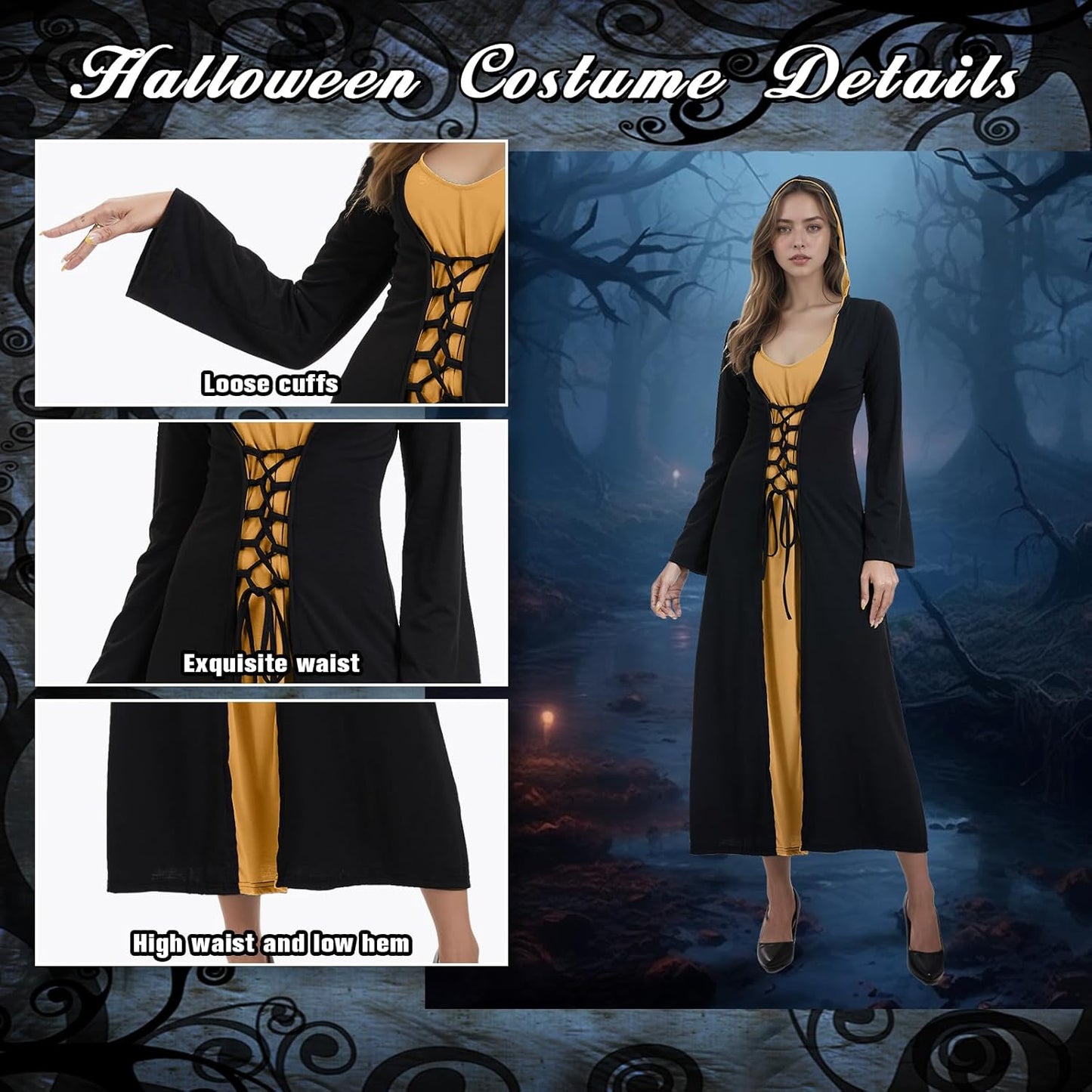 Mittelalterliches Cosplay Maxi-Kleid mit Kapuze, L Schwarz und Gold