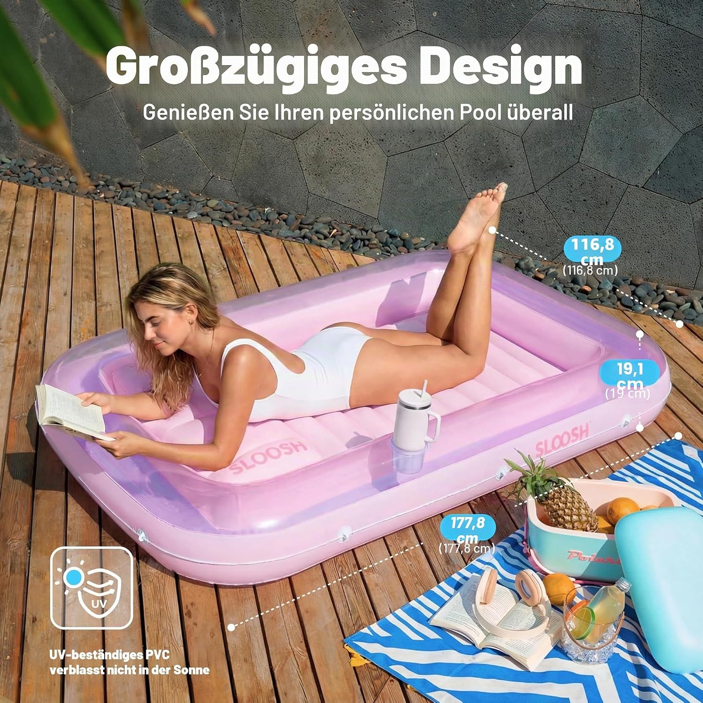 Aufblasbarer Sonnenpool mit abnehmbarem Kissen und Getränkehalter, Lila-Pink L