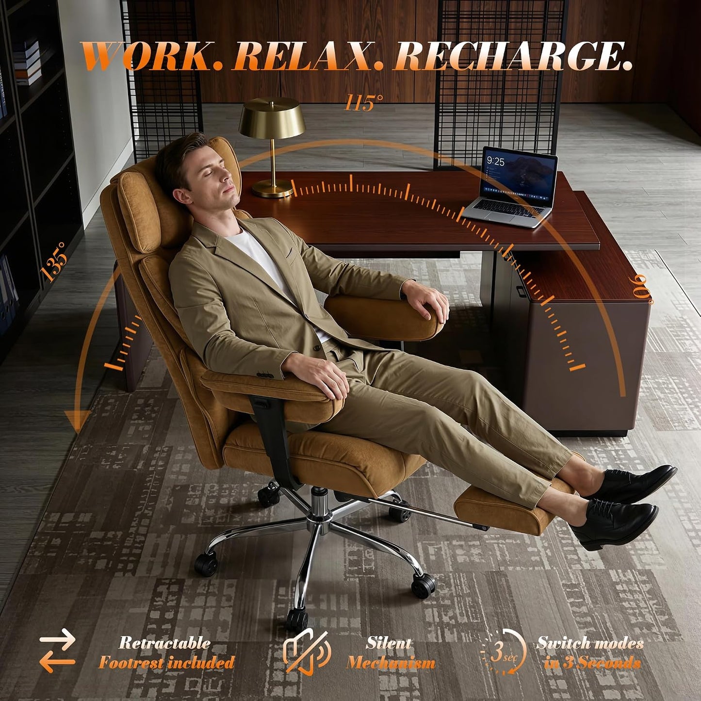 Ergonomischer Bürostuhl mit Fussstütze und Kissen, Gelb