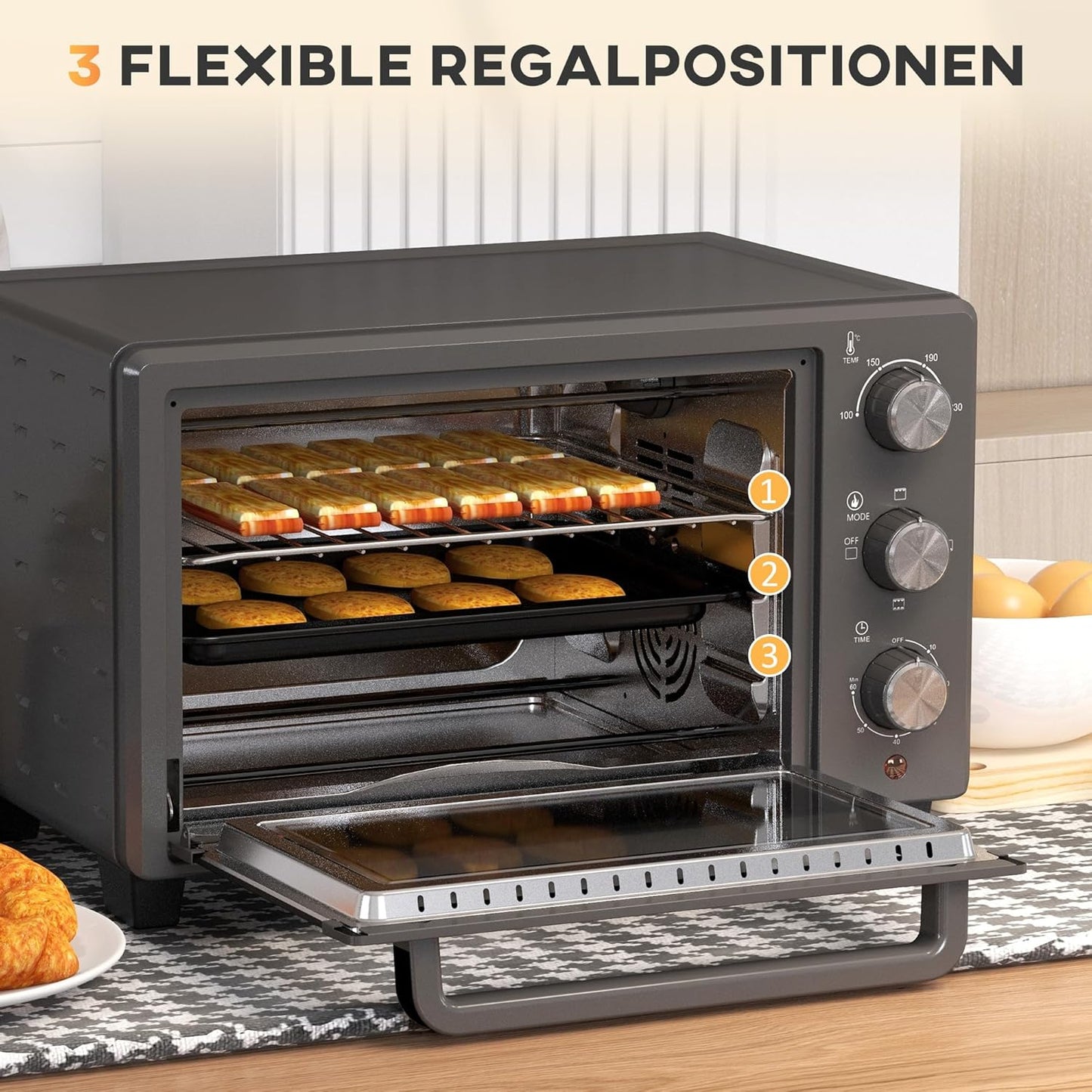 Minibackofen mit Timer und Zubehör, Grau