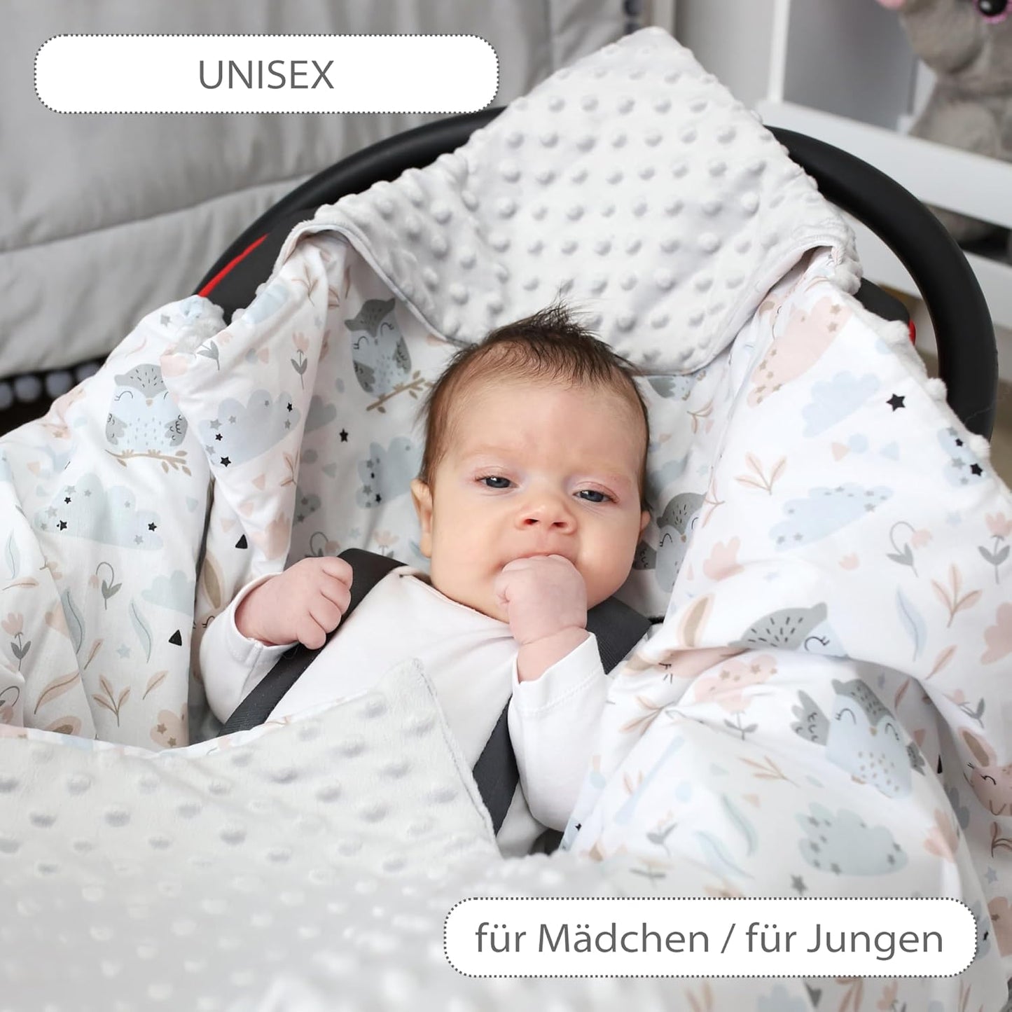 Einschlagdecke für Babyschale (90 x 90 cm), Eulen Hellgrau|Ganzjahres