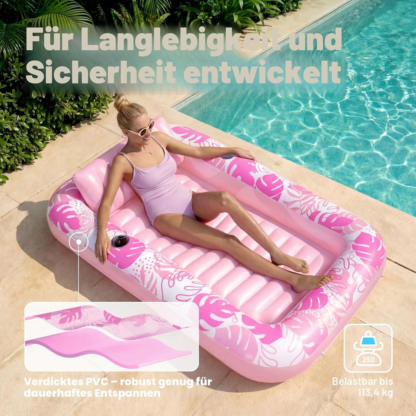 Aufblasbarer 4-in-1 Sonnenliegepool mit Kissen und Getränkehalter, Zartrosa L