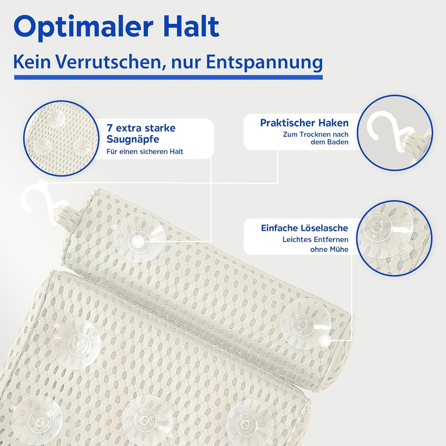 Ergonomisches Badewannenkissen mit Saugnäpfen, Weiss extra dick