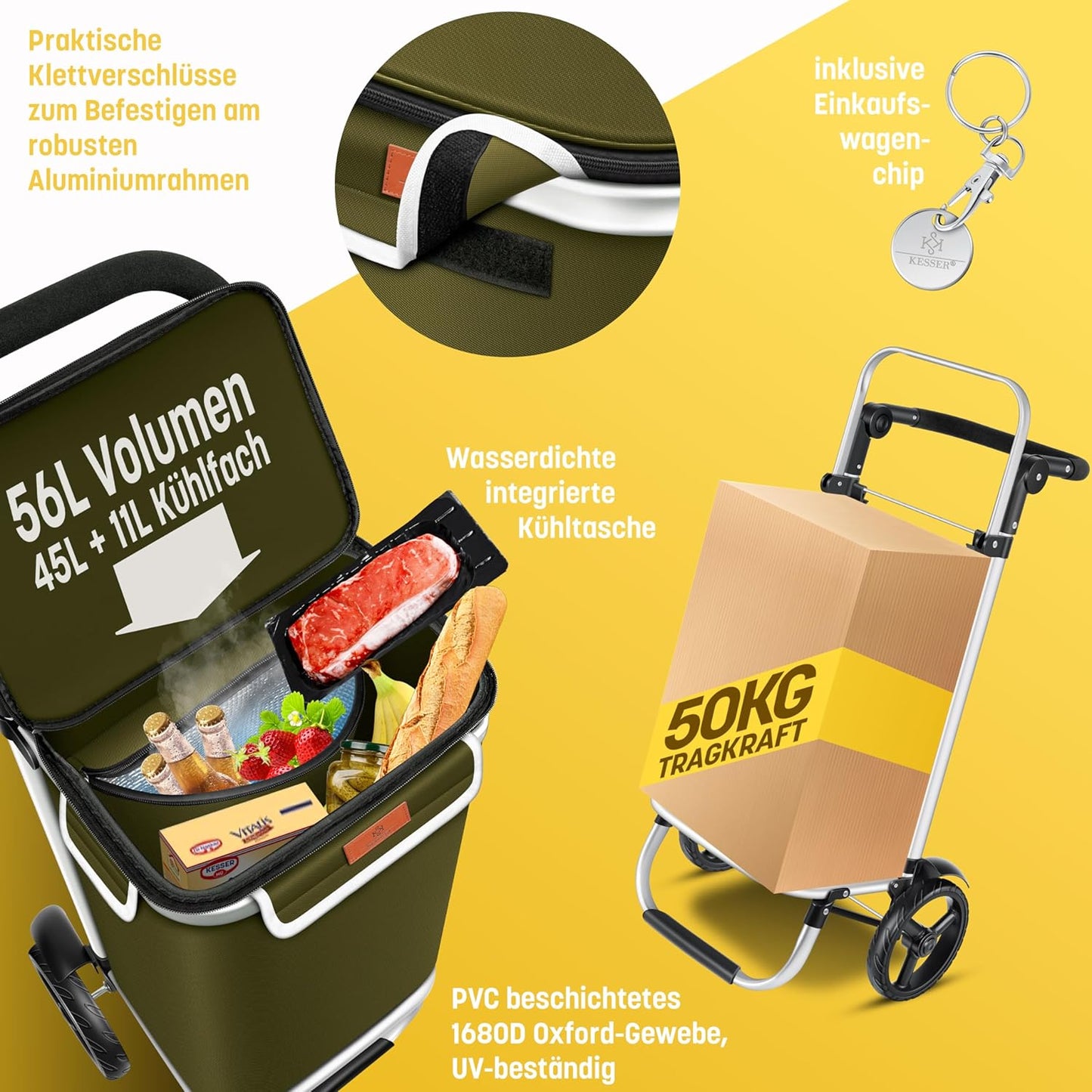 3-in-1 Einkaufstrolley mit Kühlfach & Einkaufschip, Khaki