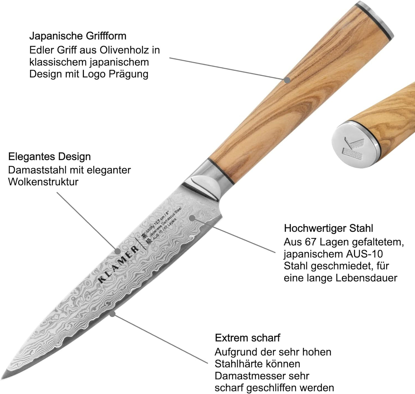 Allzweckmesser, Premium Damastmesser Olivenholz, Allzweck 12,7 cm